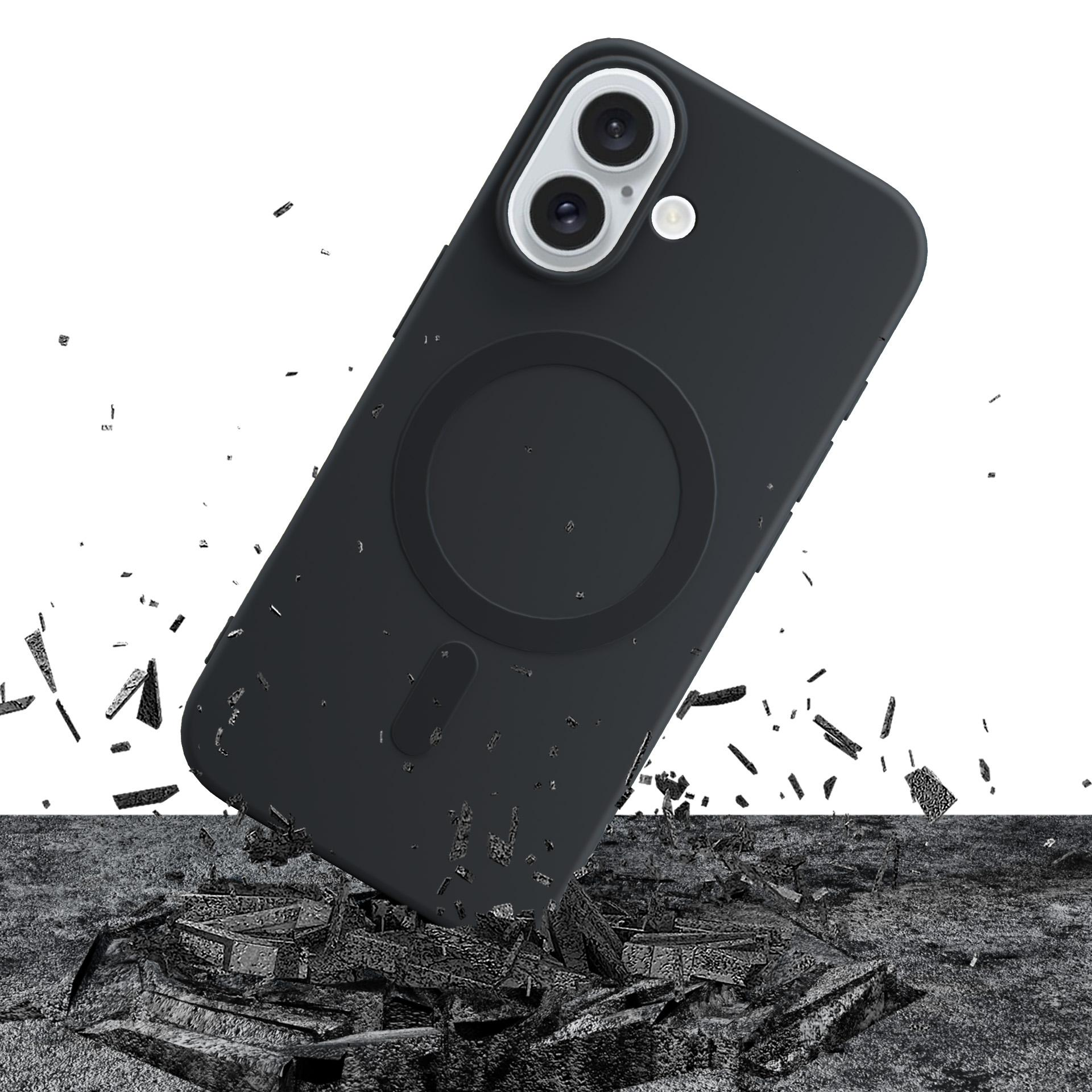 Czarne etui na iPhone spada na zniszczoną powierzchnię, latają odłamki.