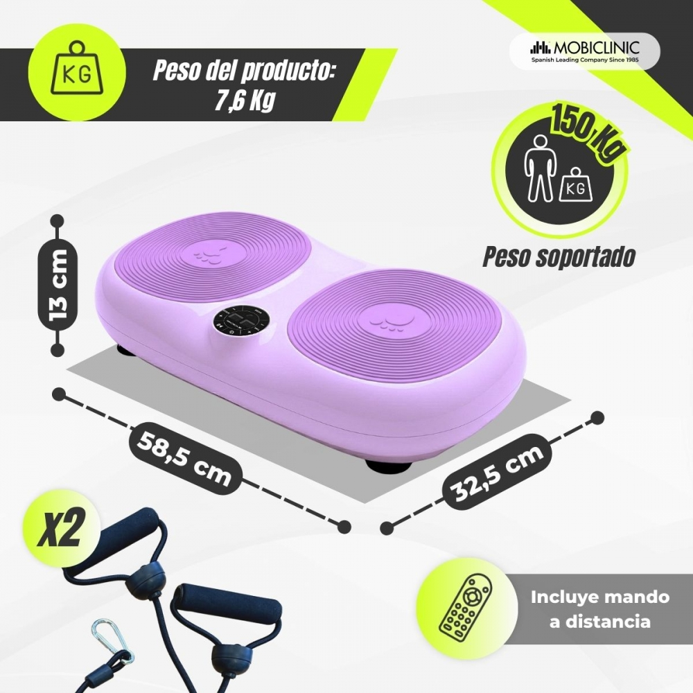 Plataforma vibratoria morada con asas, medidas: 58,5x32,5x13 cm. Máx 150 kg.
