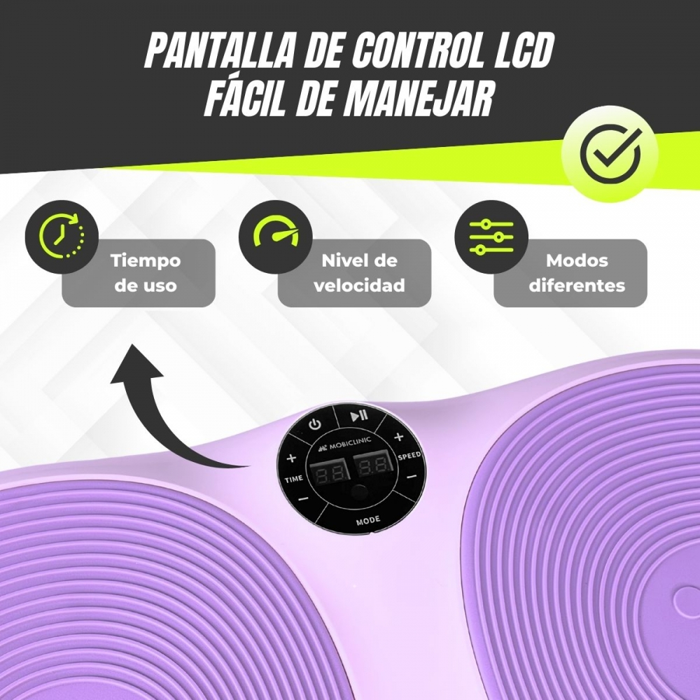 Placa vibratoria morada con pantalla LCD que muestra tiempo, velocidad y modo.