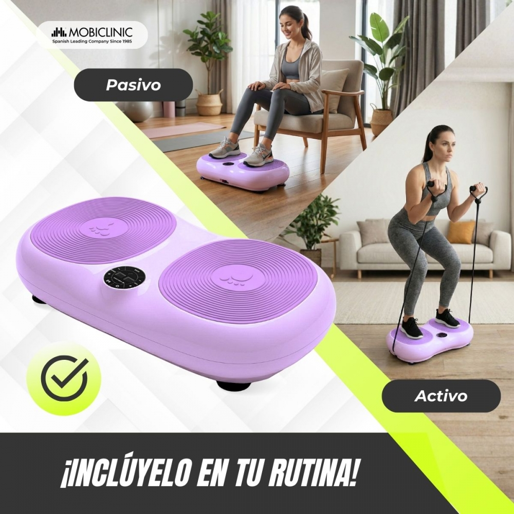 Plataforma vibratoria morada para ejercicios: sentada (pasiva) y de pie (activa).