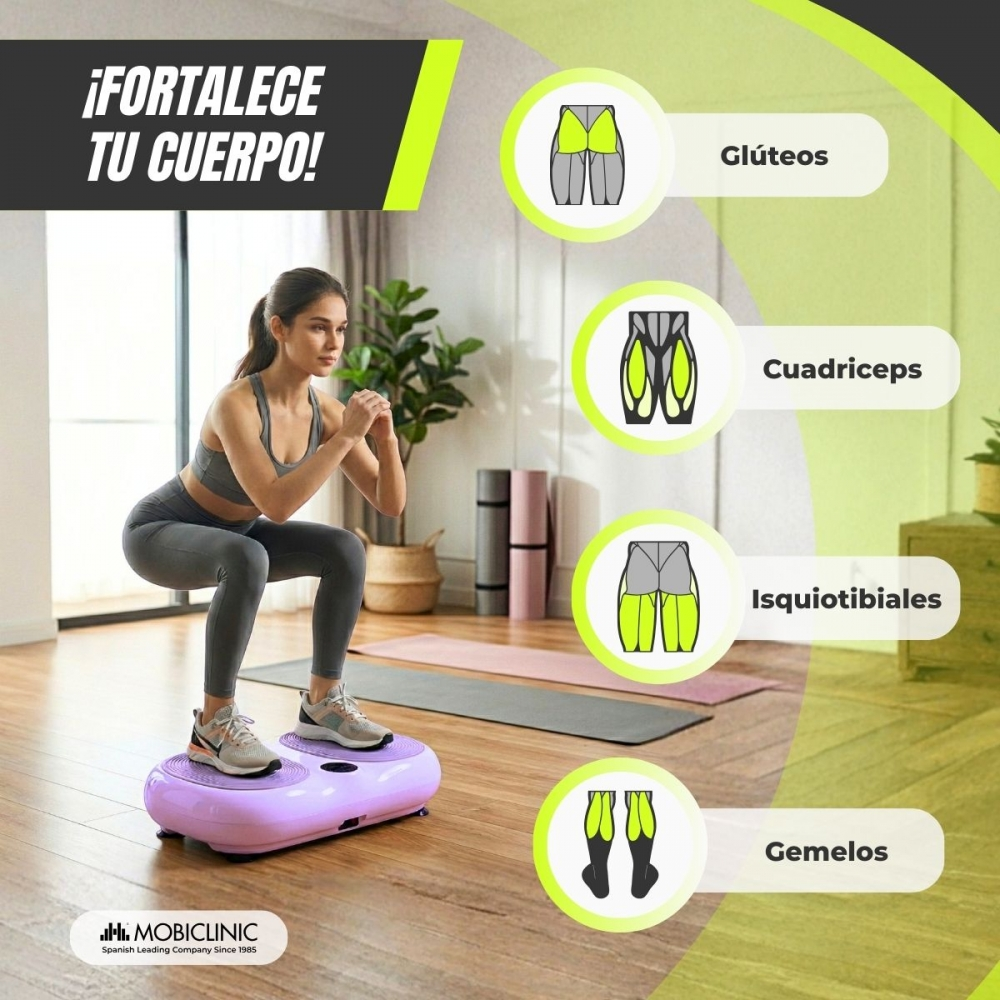 Mujer en cuclillas en plato vibratorio, mostrando grupos musculares: glúteos, cuádriceps, isquios, gemelos.