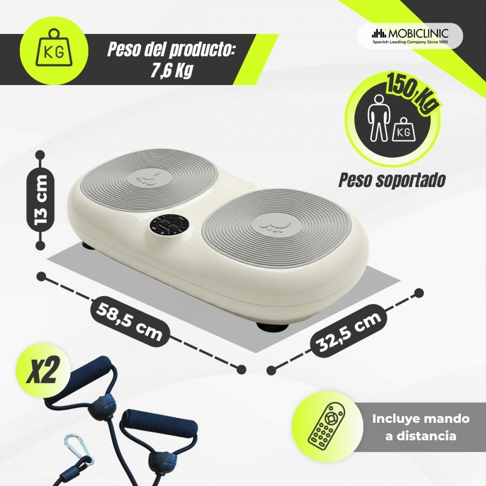 Una placa vibratoria beige con almohadillas grises, accesorios y medidas.