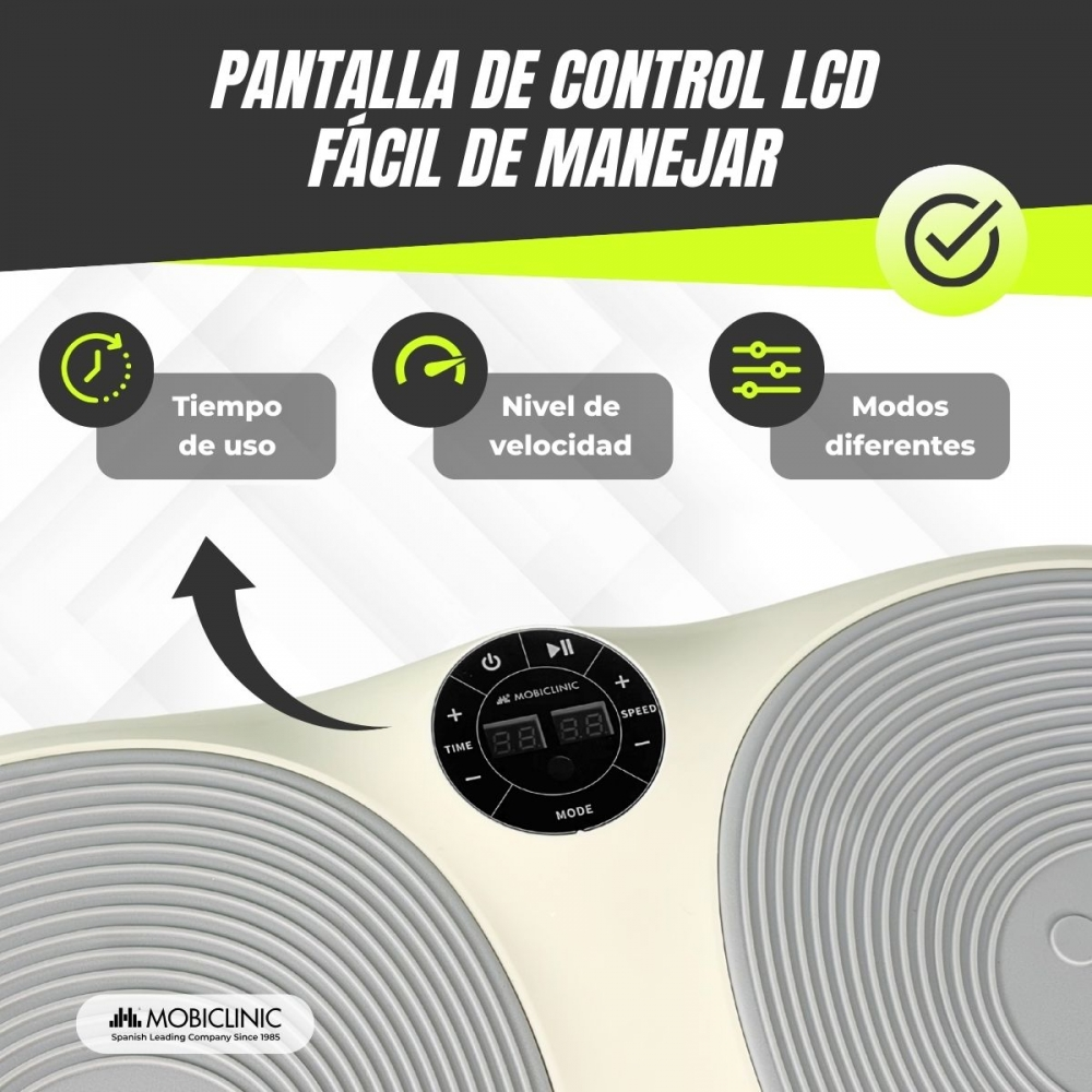 Plataforma vibratoria con pantalla LCD mostrando tiempo, velocidad y modo.