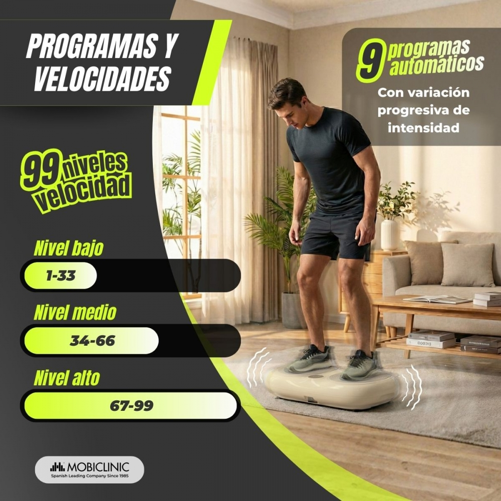 Hombre en plato vibratorio, 99 niveles de velocidad, 9 programas.