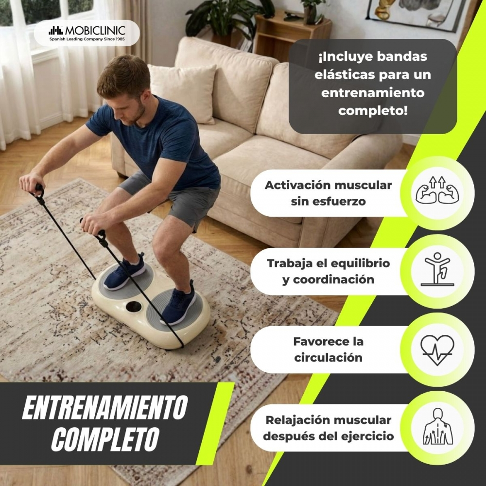 Hombre en plataforma vibratoria con bandas elásticas para entrenamiento.