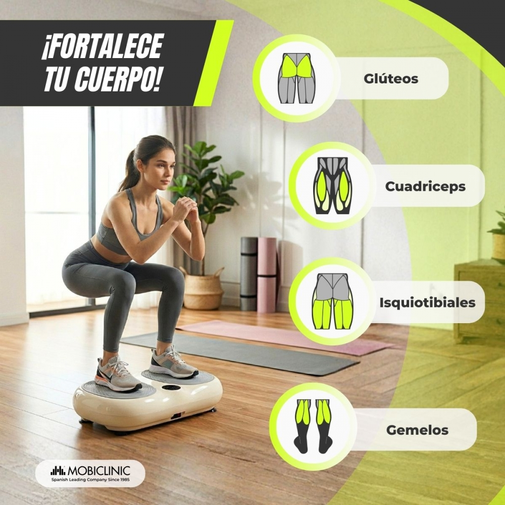 Mujer en sentadilla en plataforma vibratoria, mostrando glúteos, cuádriceps, isquios y gemelos.