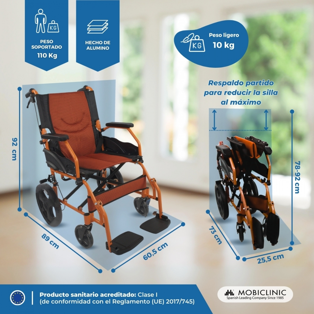 Silla de ruedas naranja ligera con dimensiones e información de peso.