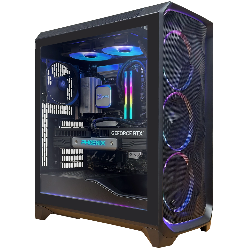 Zwarte pc-behuizing met RGB-verlichting. Met GeForce RTX grafische kaart en ventilatoren.