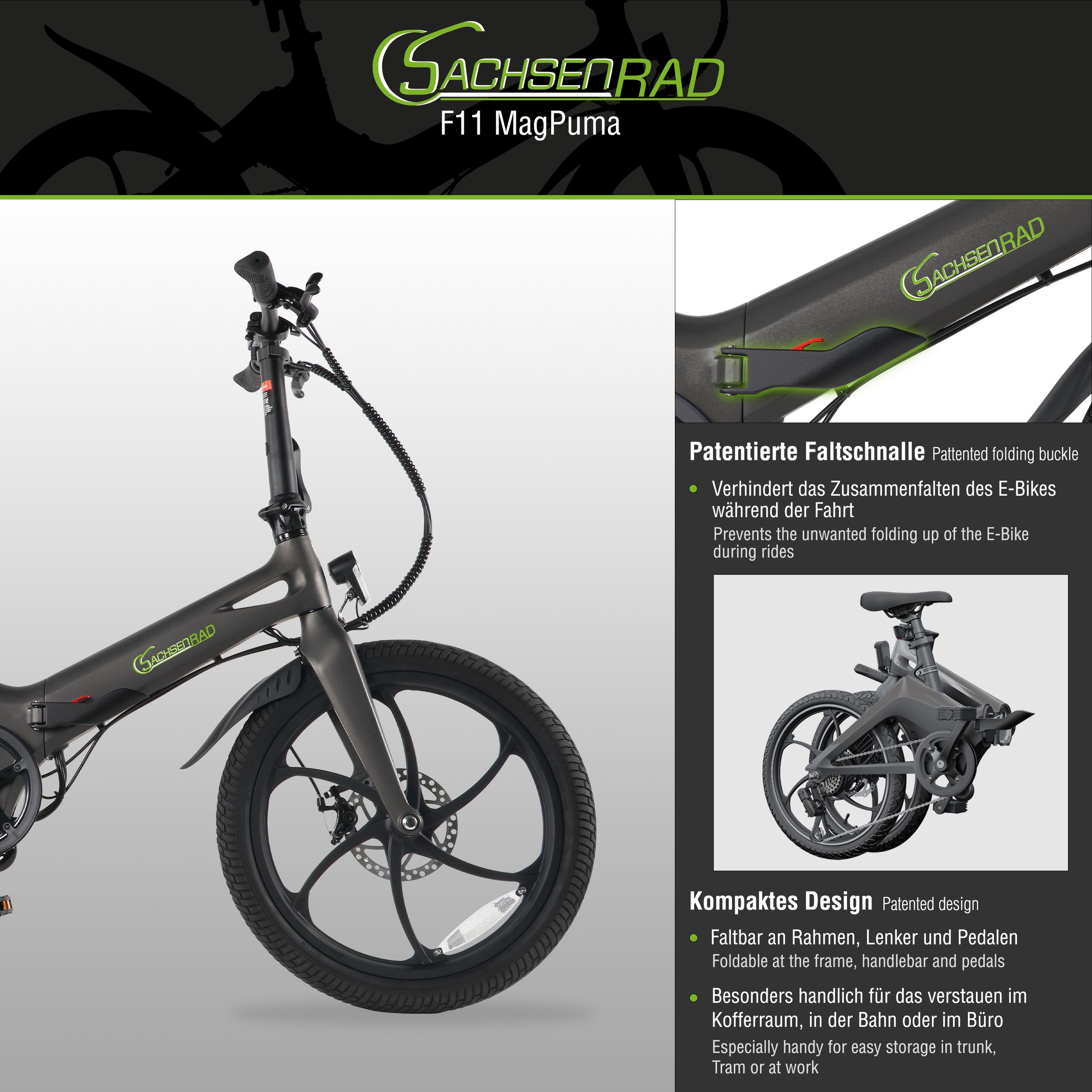 Ein graues E-Bike mit dem Logo SACHSENRAD. Es zeigt Details und eine gefaltete Ansicht.