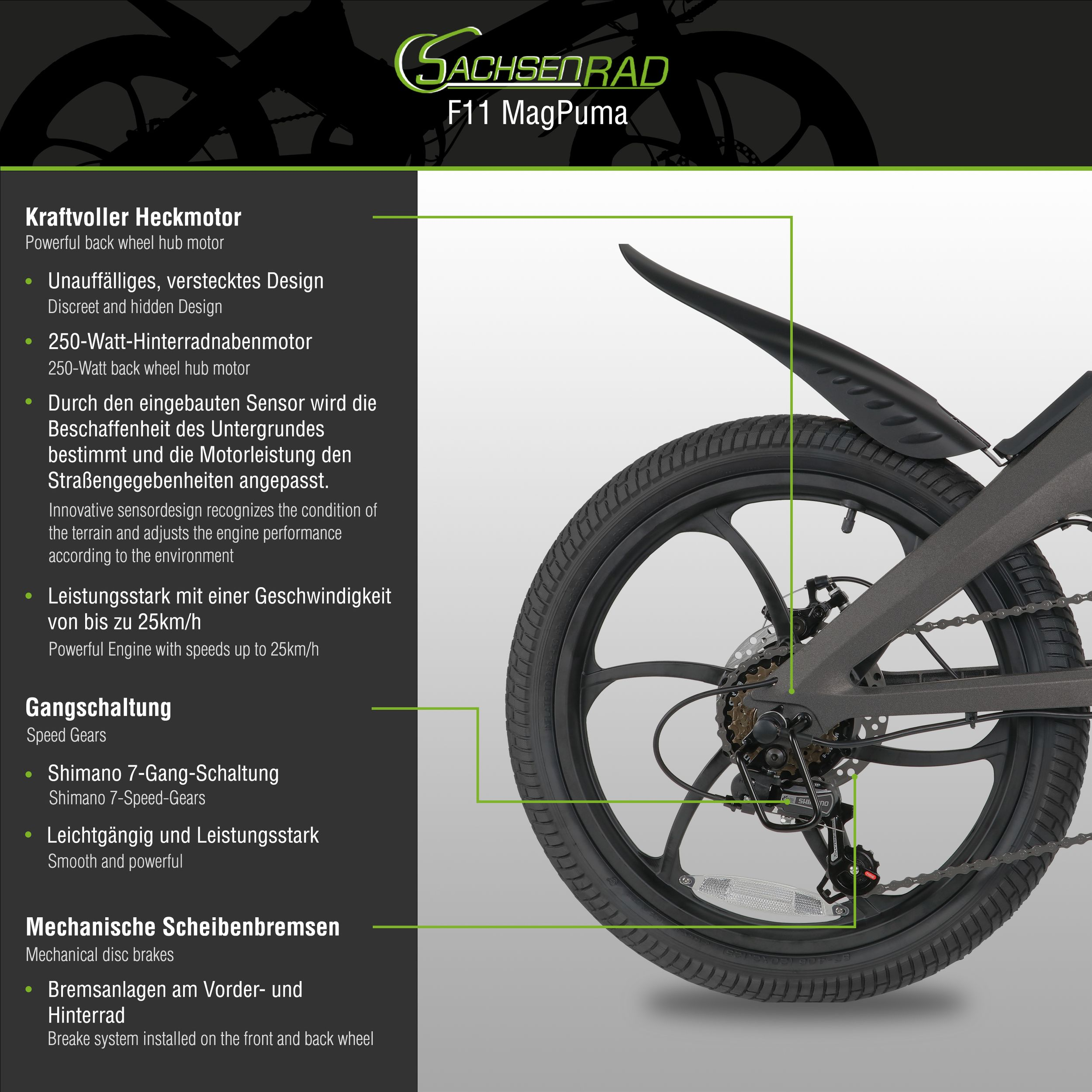 Nahaufnahme des Hinterrads eines E-Bikes mit Kettenschaltung und Bremse.