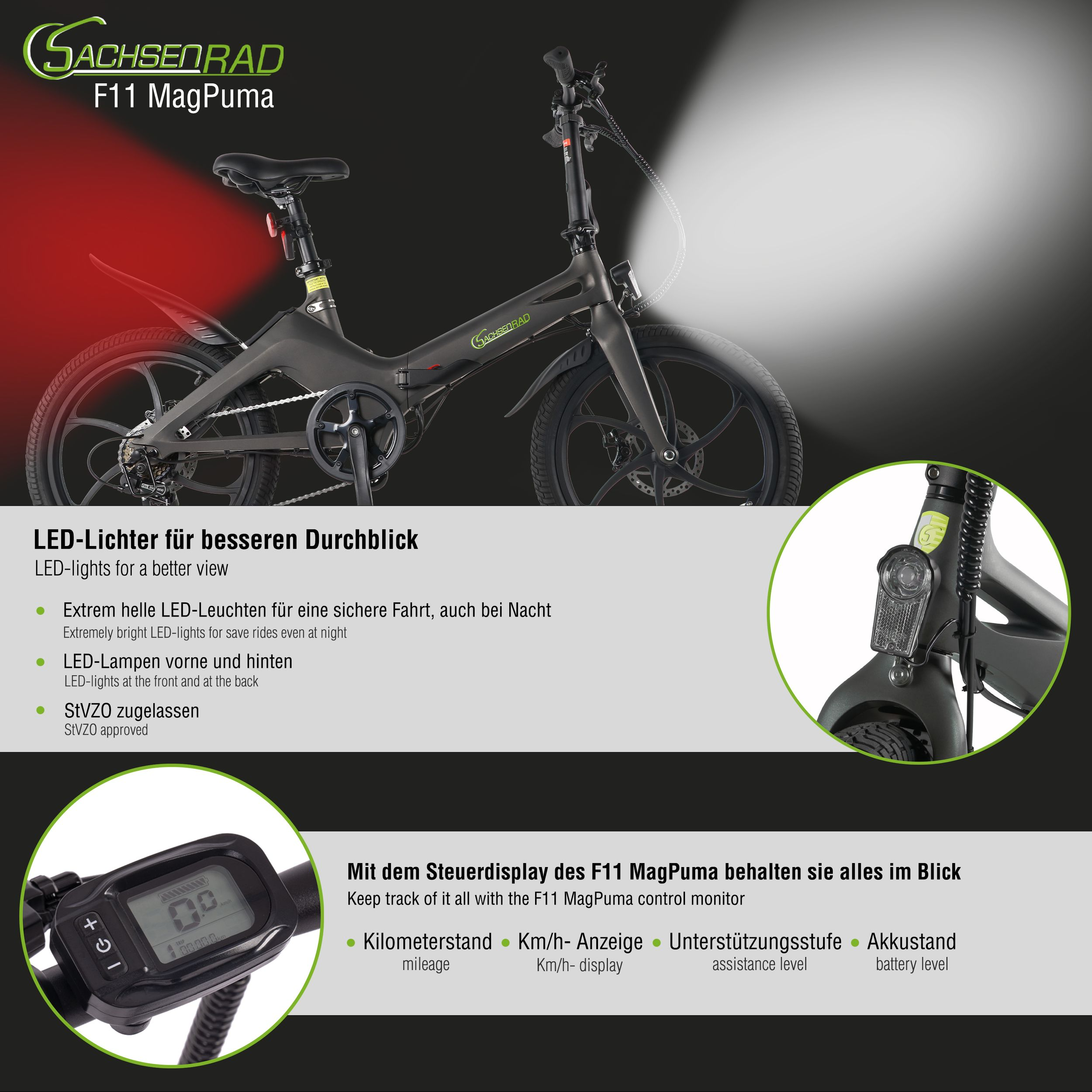 Dunkelgraues E-Bike mit "Sachsenrad F11 MagPuma" Logo. LED-Lichter vorne/hinten.