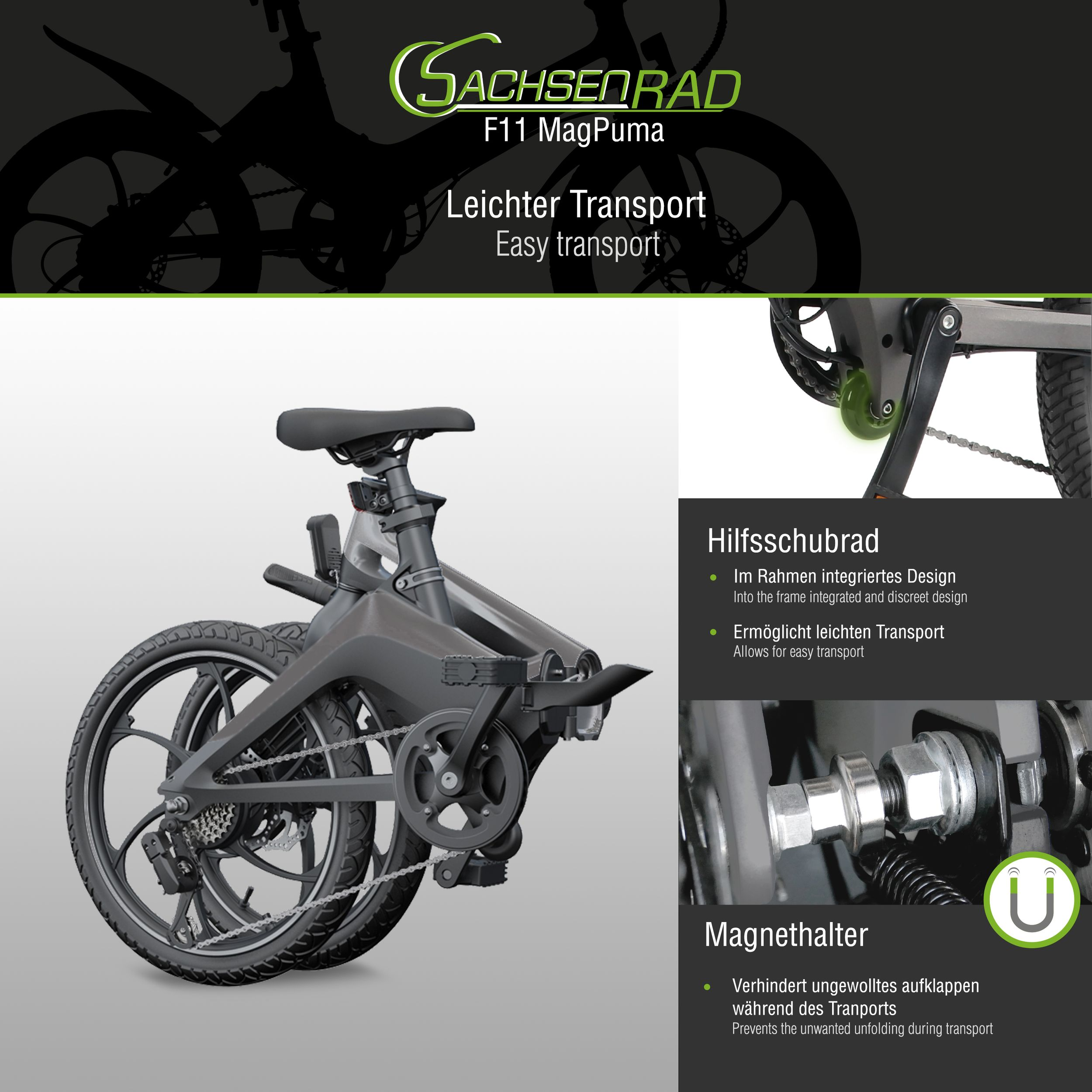 Ein graues Klapprad mit integriertem Hilfsschubrad und Magnethalter.