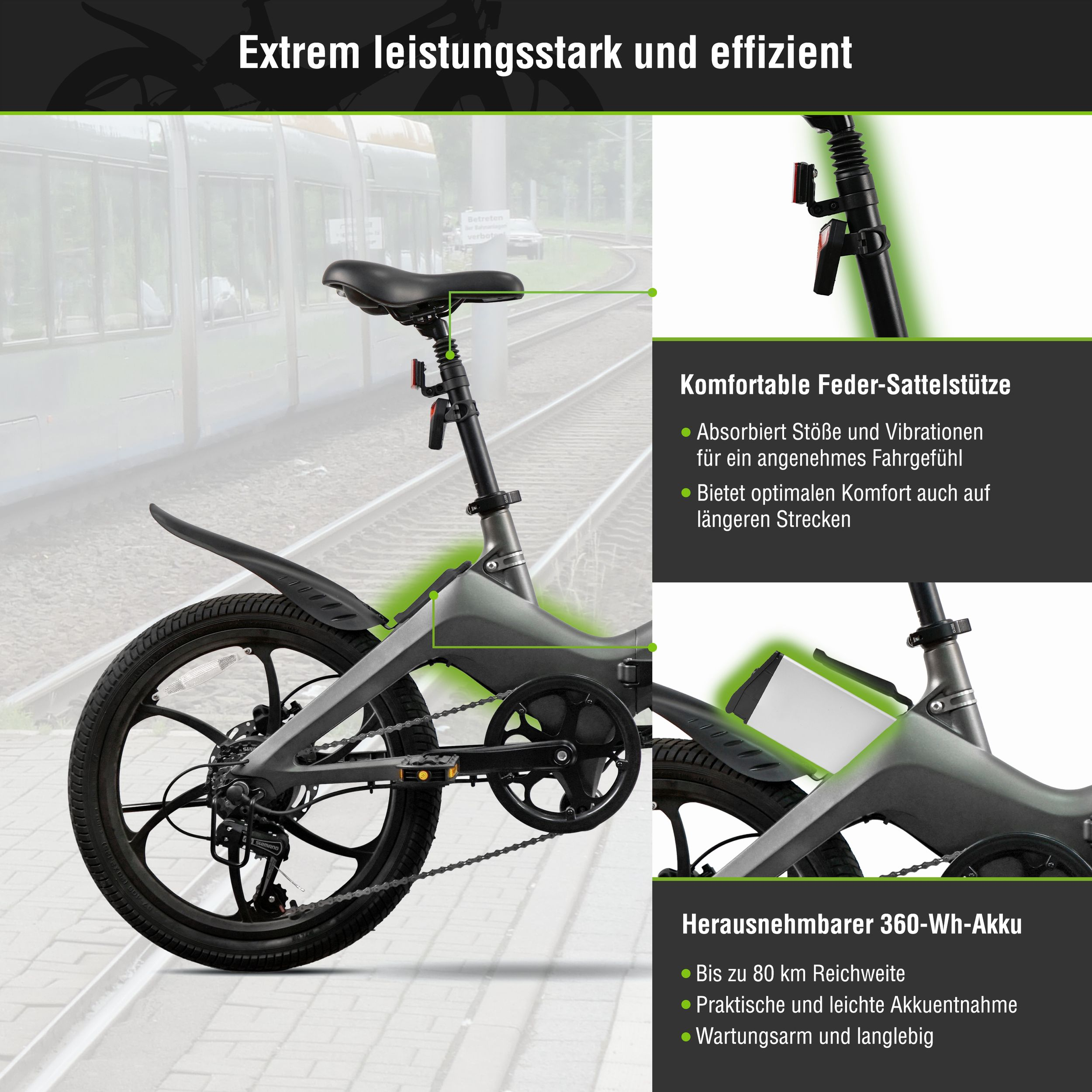 Ein graues Elektrofahrrad mit Feder-Sattelstütze und herausnehmbarem Akku.