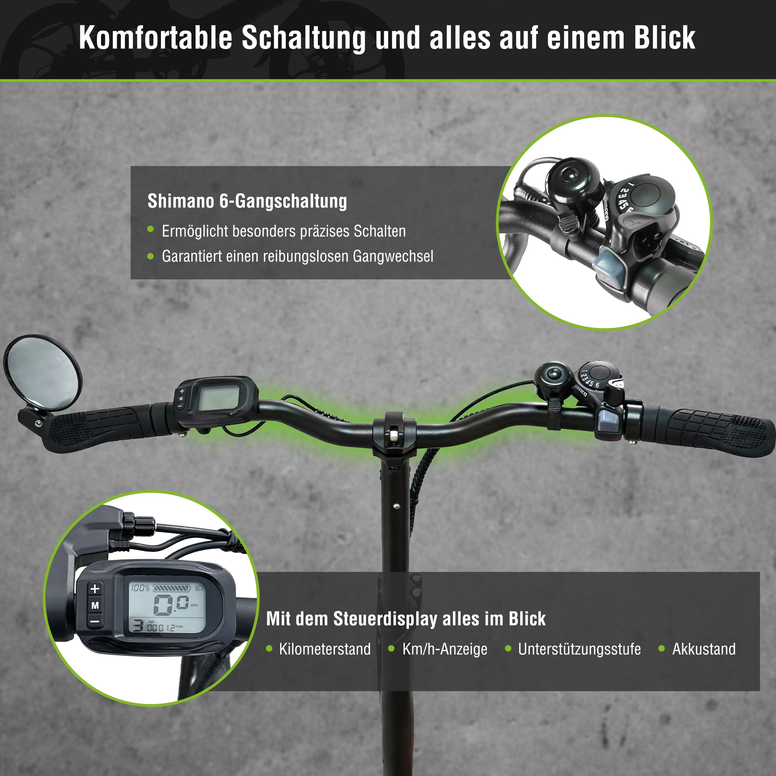 Lenker mit Gangschaltung, Display, Klingel und Spiegel. Zeigt 6 Gänge an.
