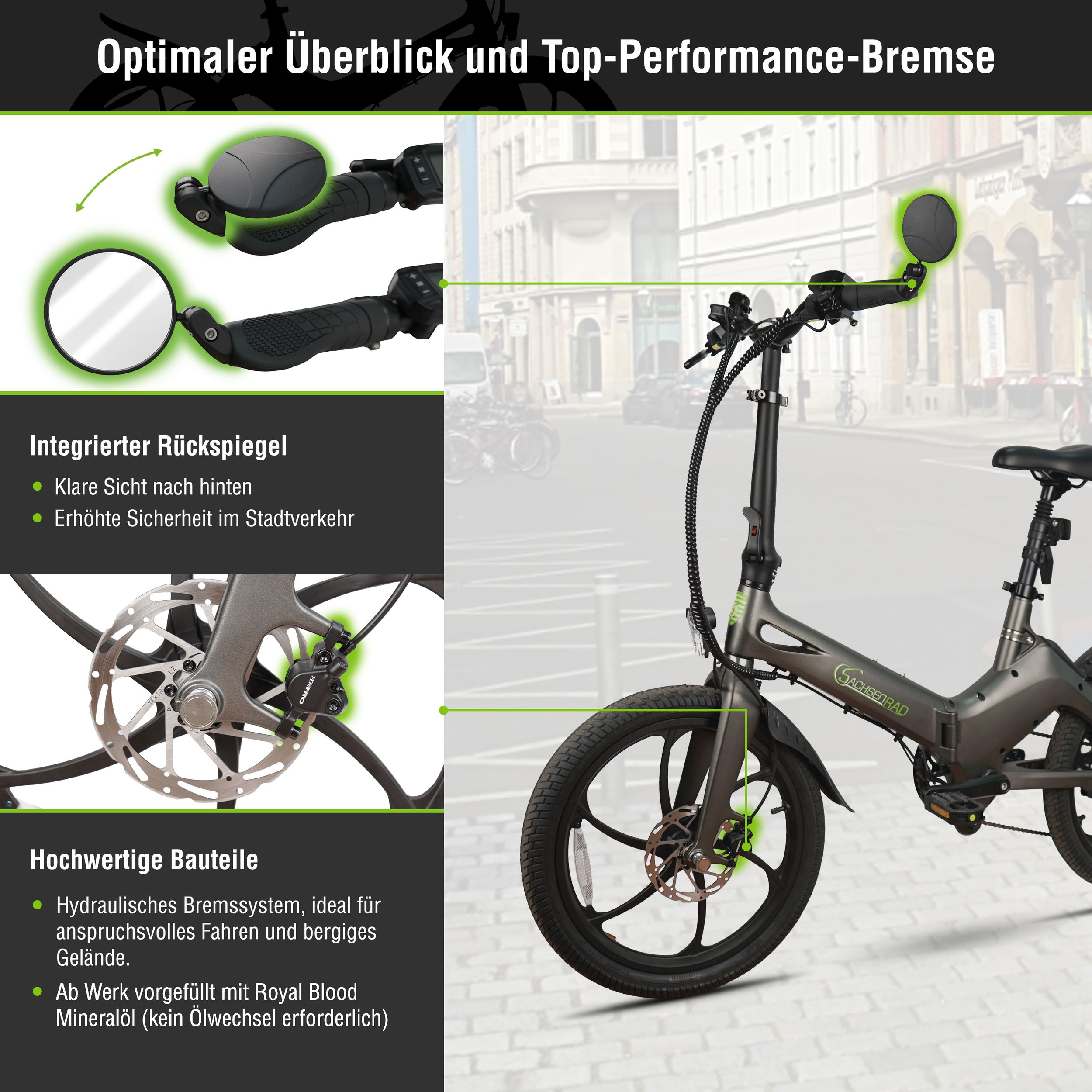 Ein graues E-Bike mit integriertem Rückspiegel und Scheibenbremse.