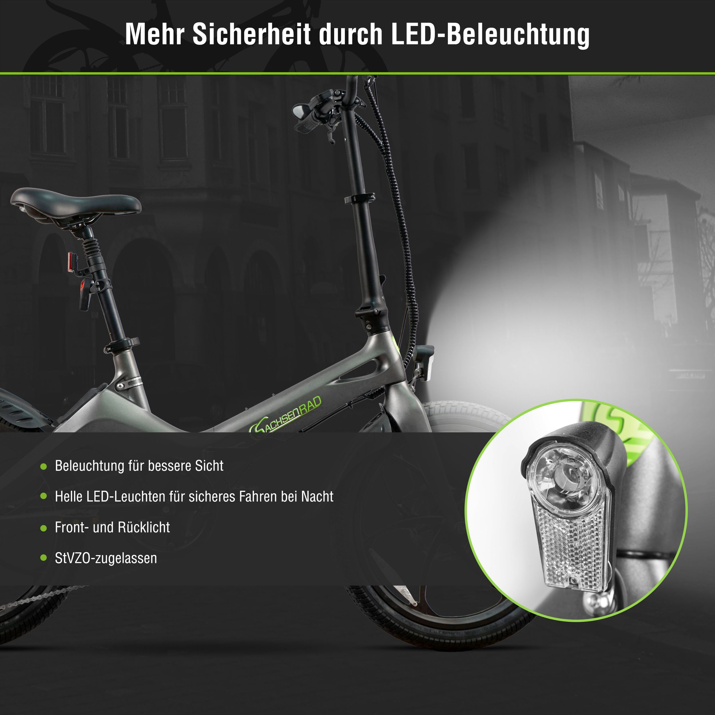 Ein E-Bike mit LED-Beleuchtung für bessere Sicht bei Nacht.