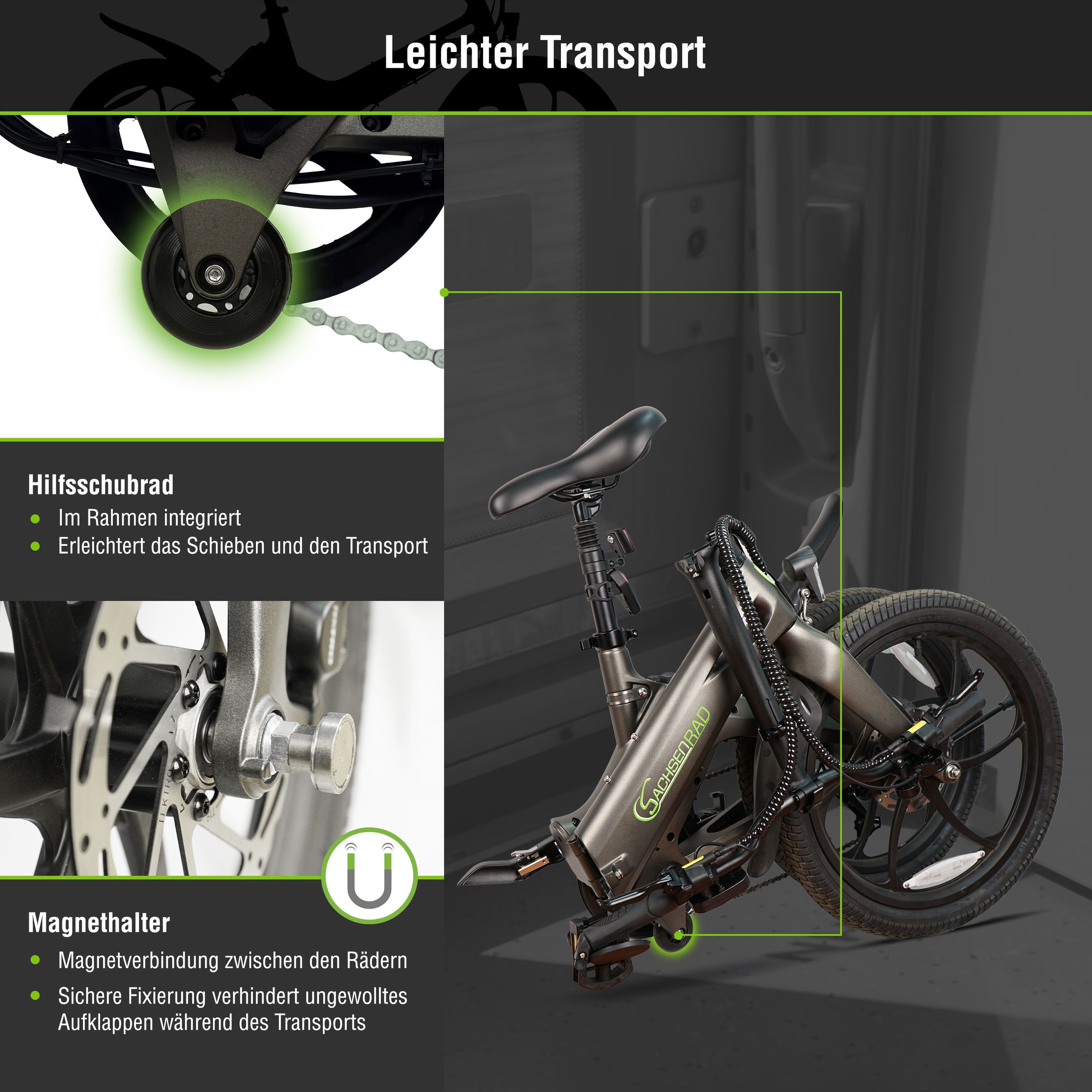 Graues Faltrad mit Hilfsrad und Magnethalter für leichten Transport.