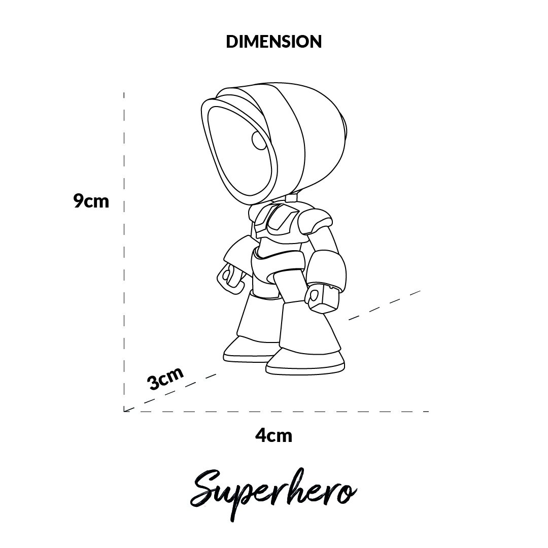 Un disegno al tratto di un giocattolo di supereroe di 9x4x3cm.