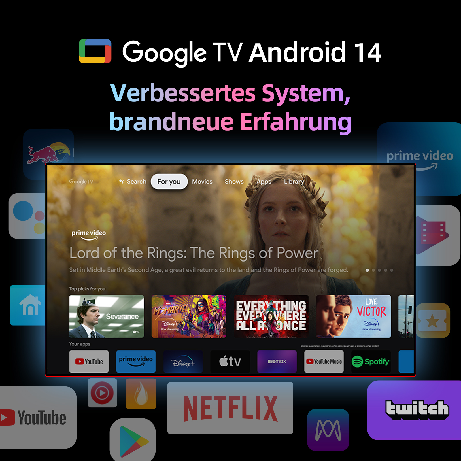 Google TV Android 14 mit "Herr der Ringe: Die Ringe der Macht" und Apps.