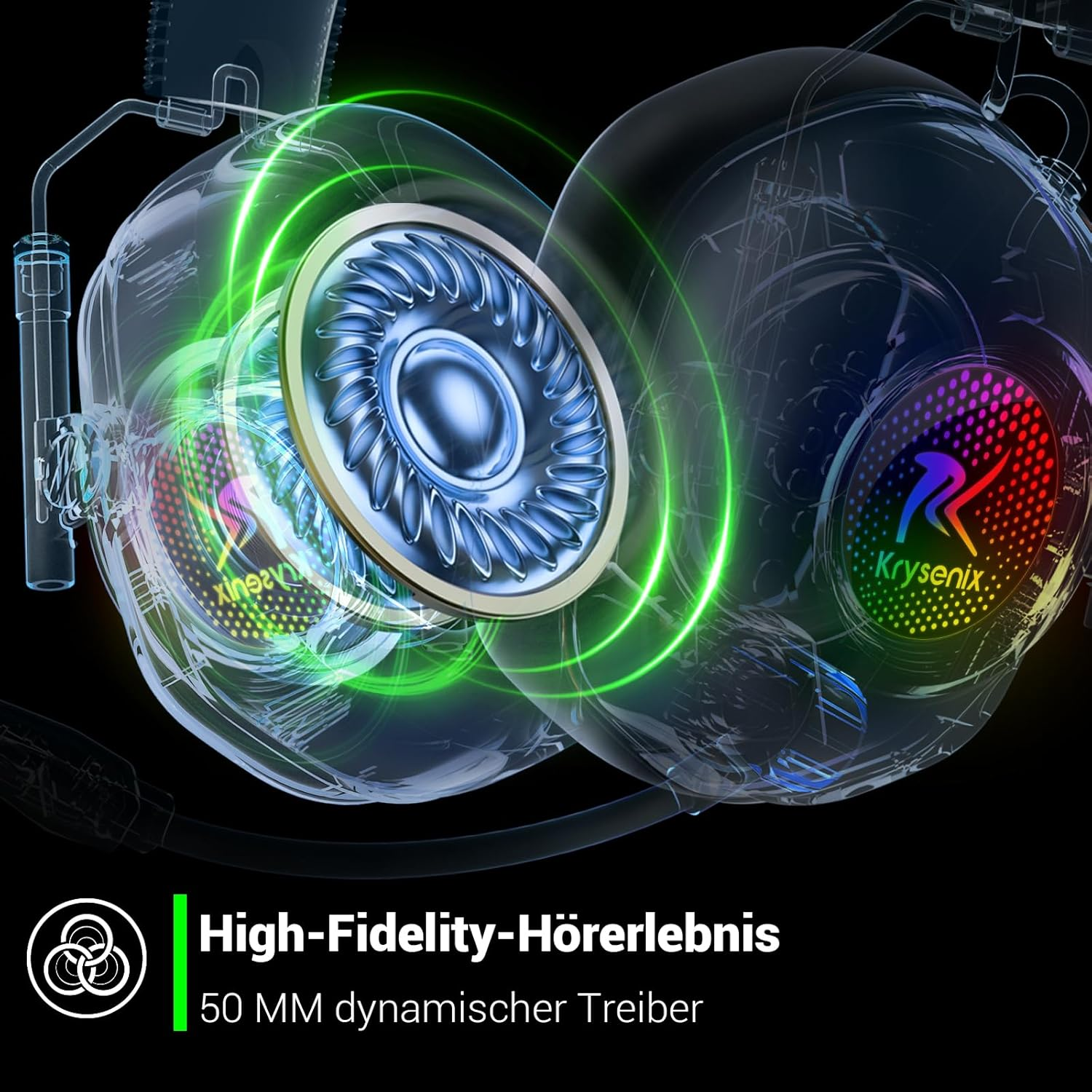 Przezroczyste słuchawki z podświetlanym przetwornikiem i zielonymi falami.
