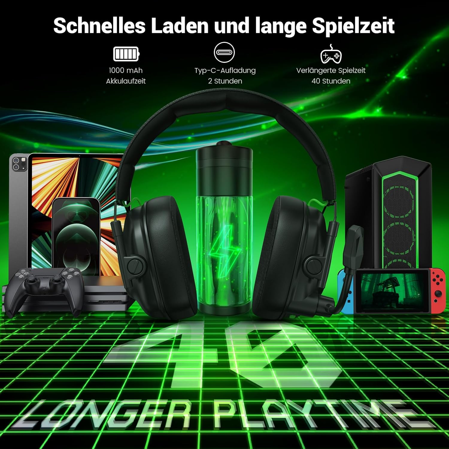 Słuchawki, tablety, smartfony, konsole, PC i cylinder ładujący.