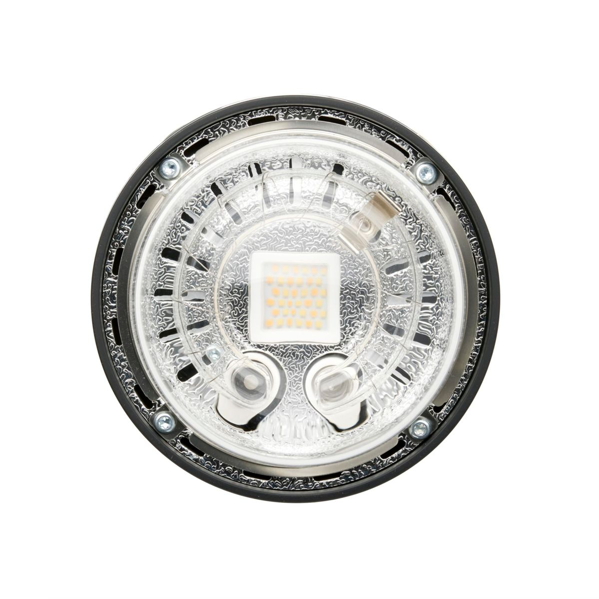 Detailaufnahme einer runden LED-Leuchte mit schwarzem Rand und transparentem Gehäuse.