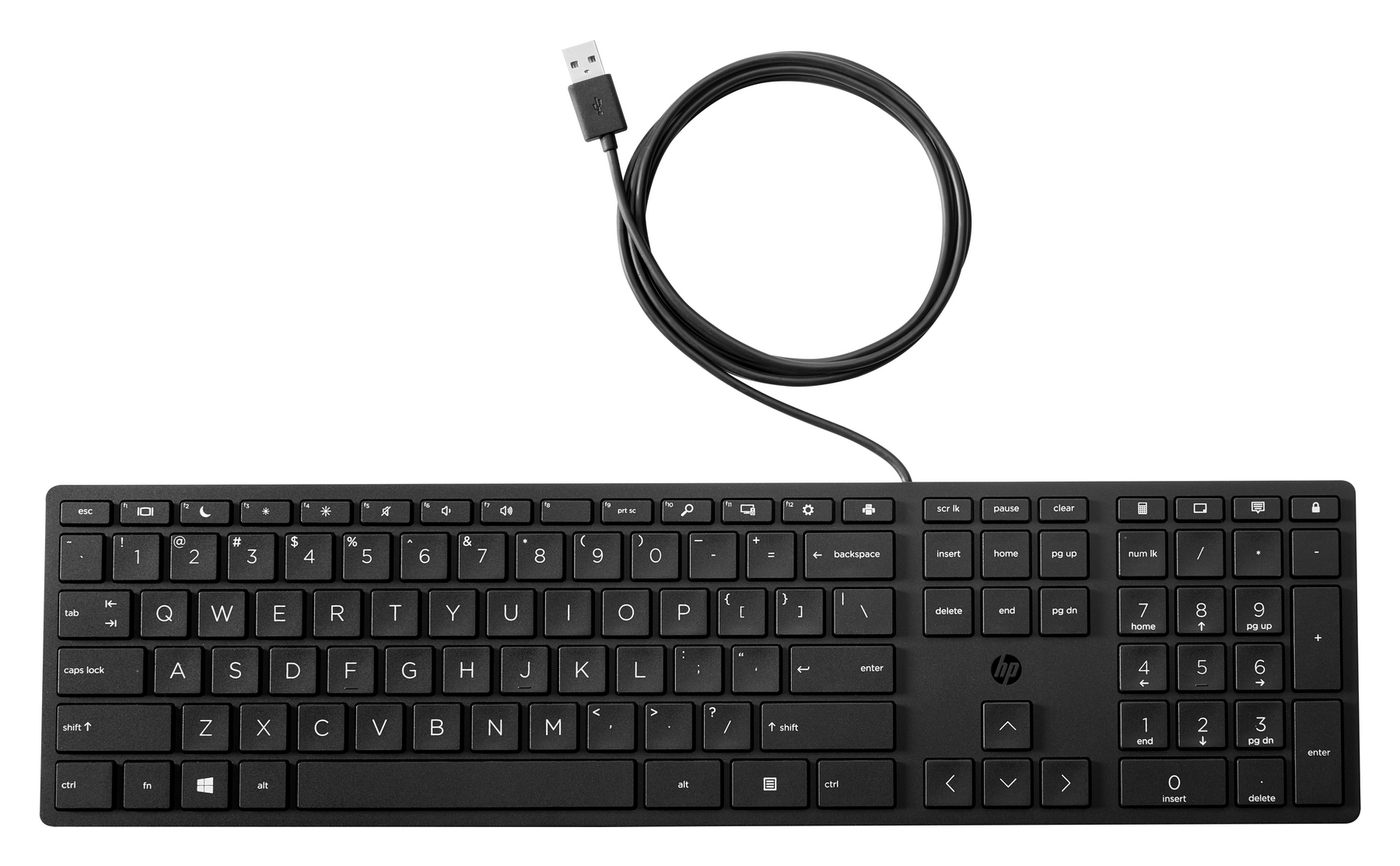 Tastiera HP nera con cavo USB, isolata su sfondo bianco.