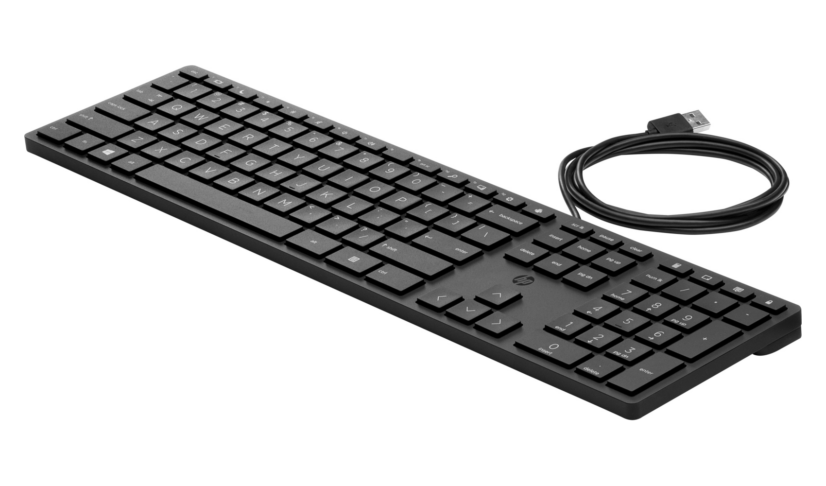 Tastiera HP nera con cavo USB su sfondo bianco.
