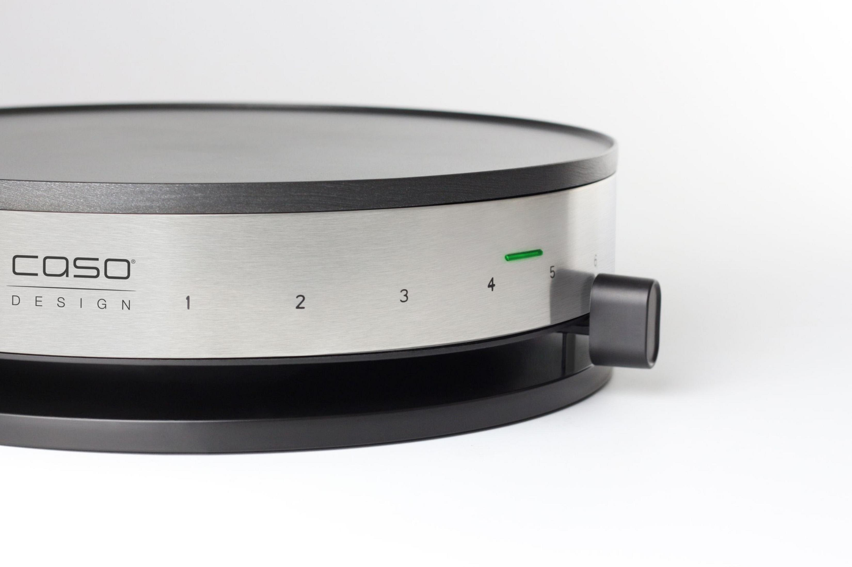 Een zilveren Caso Design contactgrill met nummers 1-5 en een groene LED-indicator.