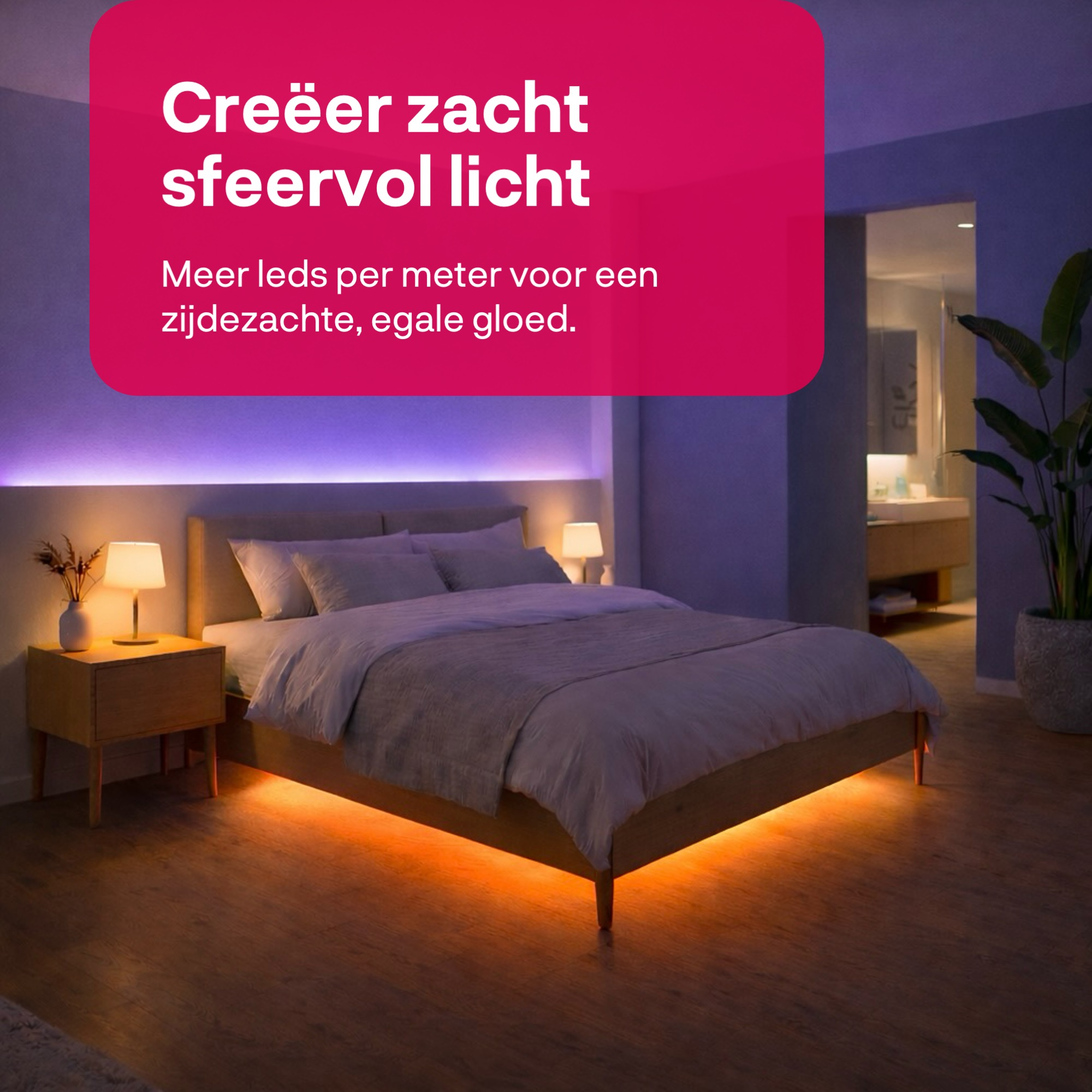 Ein Schlafzimmer mit LED-Beleuchtung unter dem Bett und hinter dem Kopfteil.