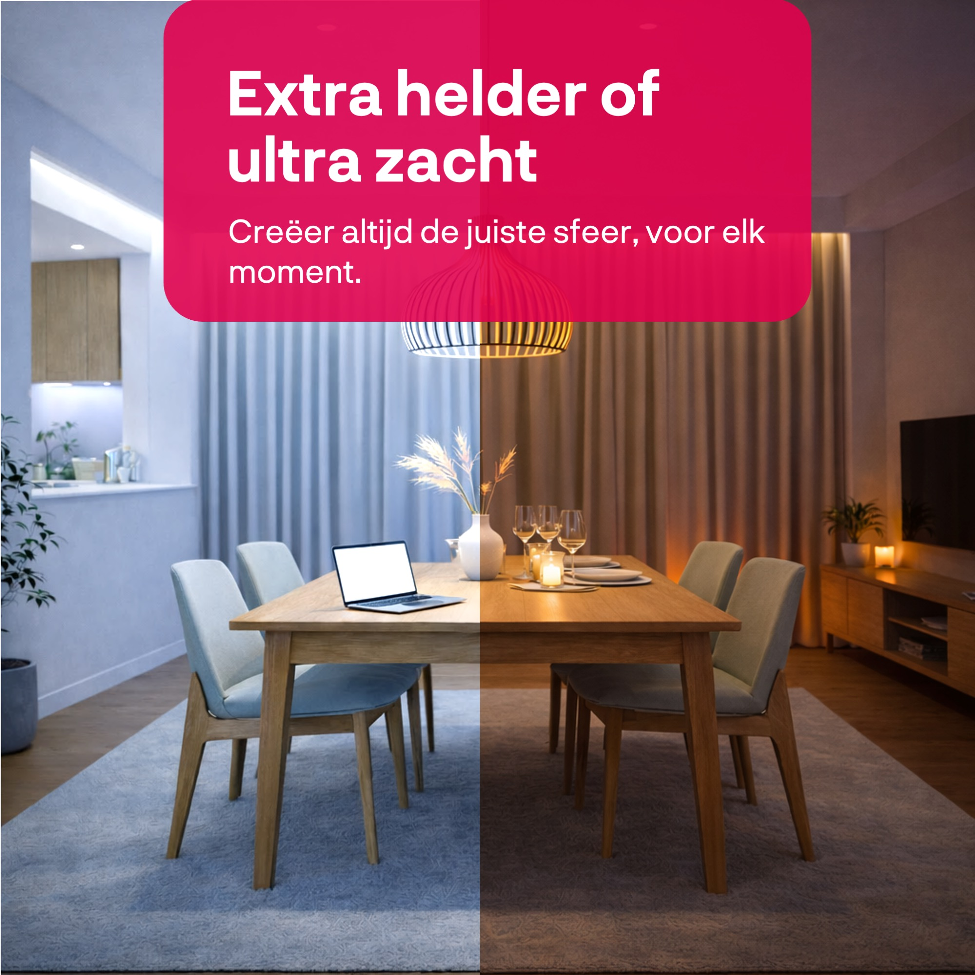 Ein Esszimmer mit einem Laptop, Gläsern und Kerzenlicht, Hell und Dunkel.
