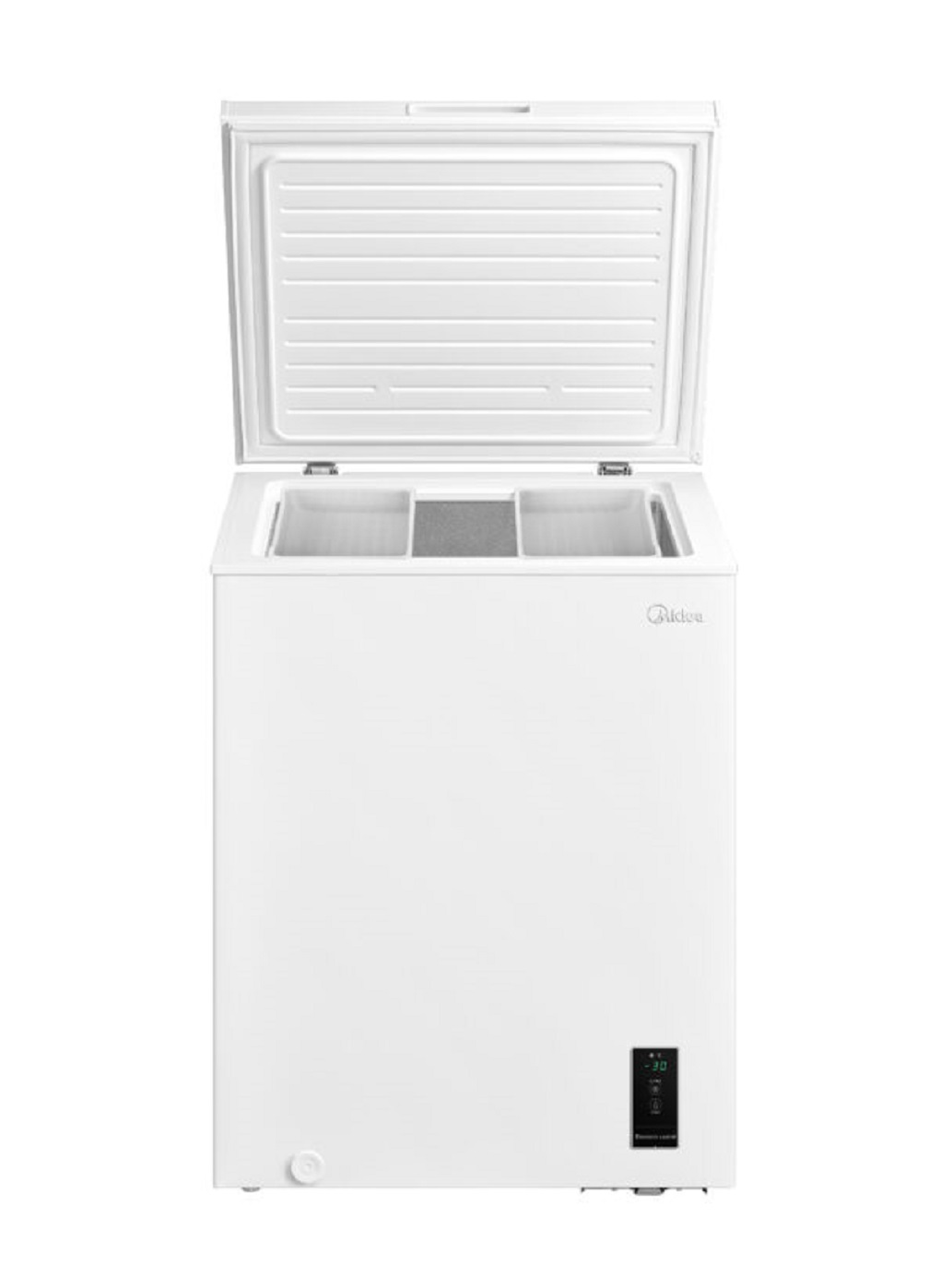 Un congelatore a pozzetto bianco aperto con display digitale e logo Midea.