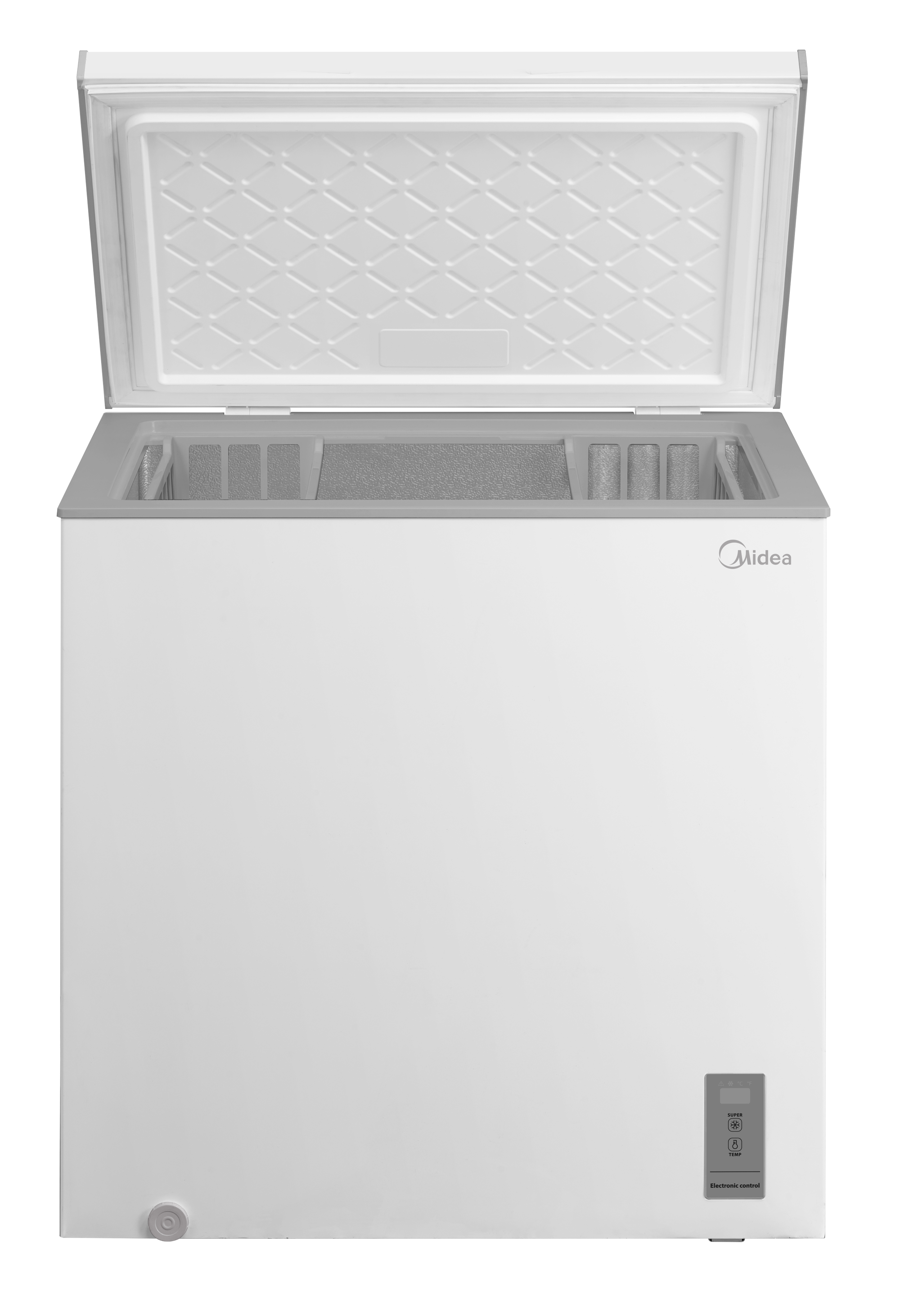 Un congelador horizontal Midea blanco con la tapa abierta.