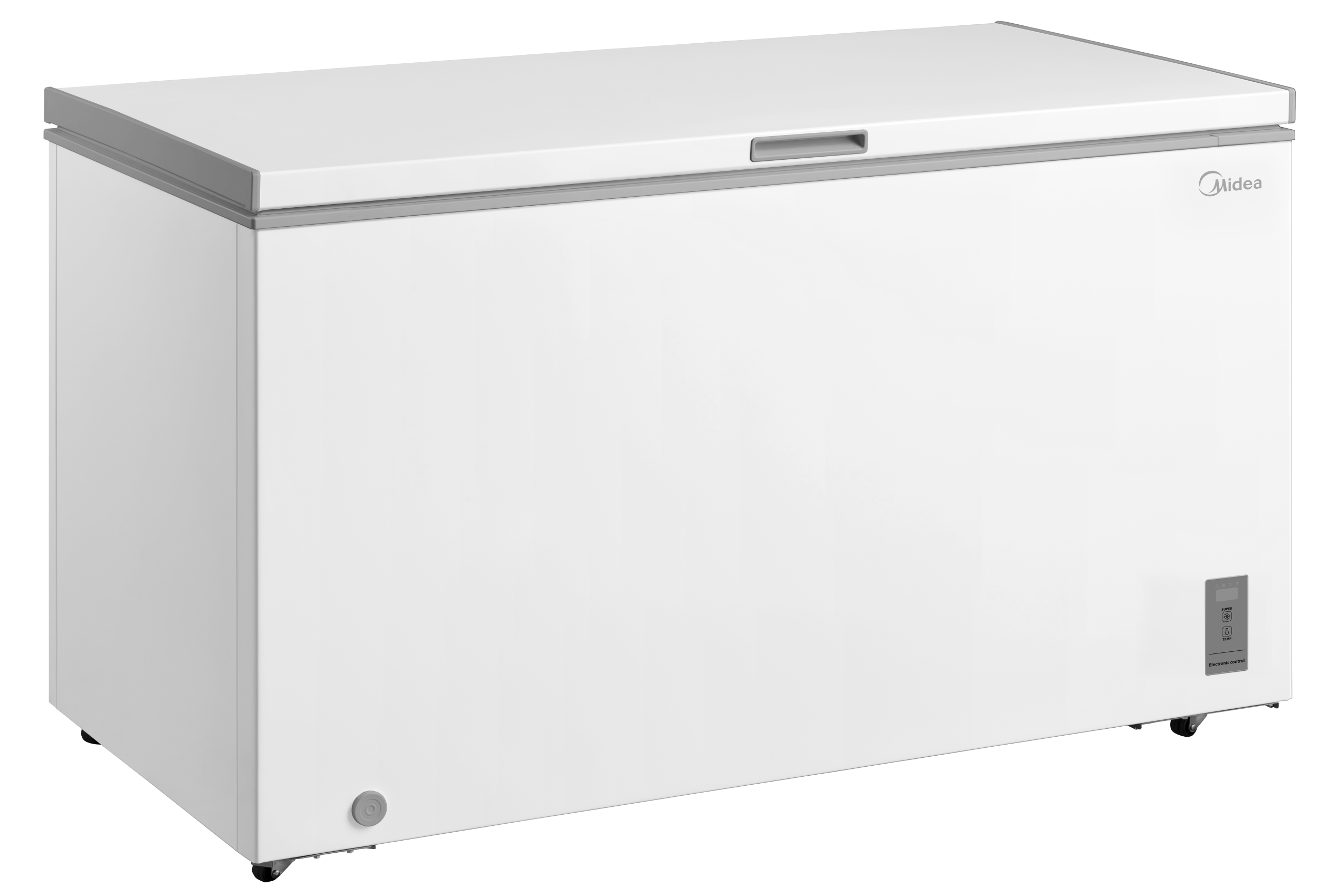 Un congelatore orizzontale bianco con logo Midea e controlli digitali.