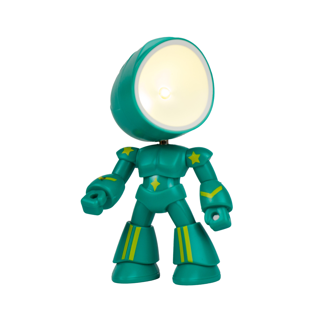 Un robot turchese con testa luminosa e stelle gialle.