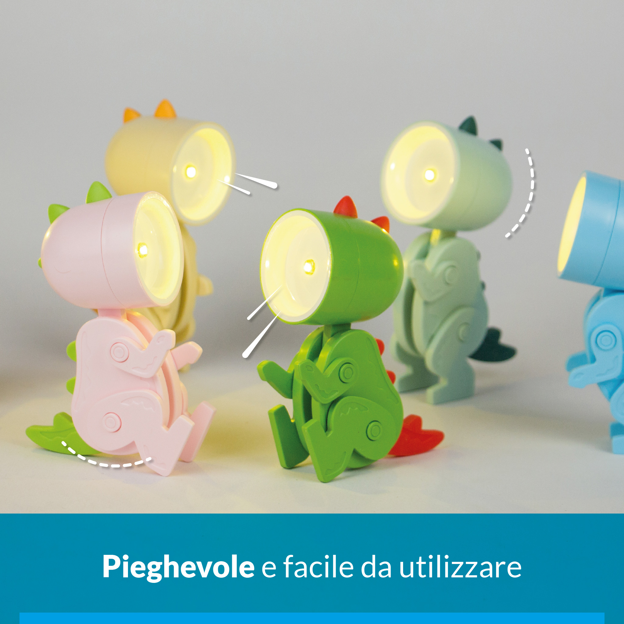 Diverse lampade dinosauro pastello su sfondo bianco.