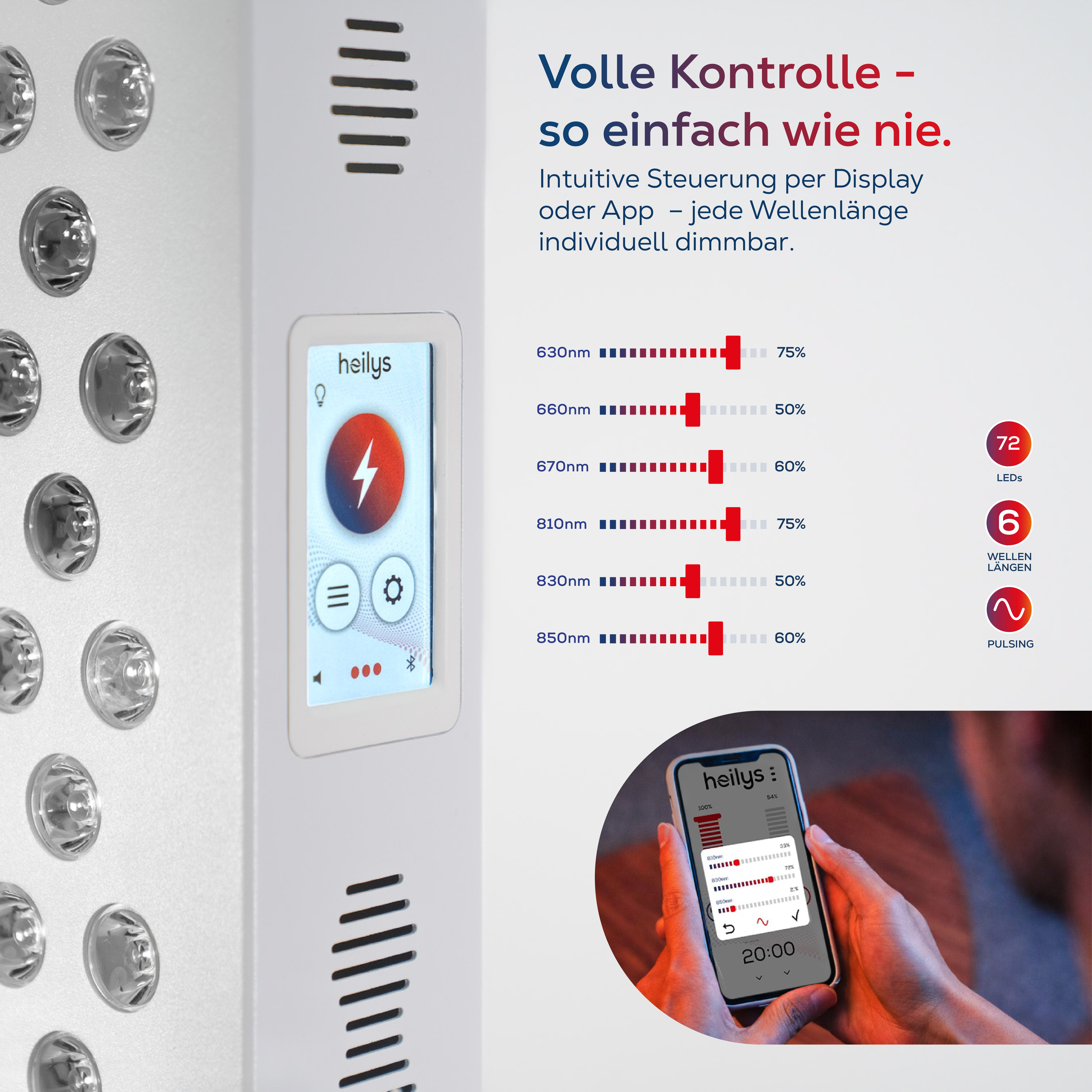 Nahaufnahme eines Geräts mit Display, das Wellenlängen und Prozentwerte anzeigt.