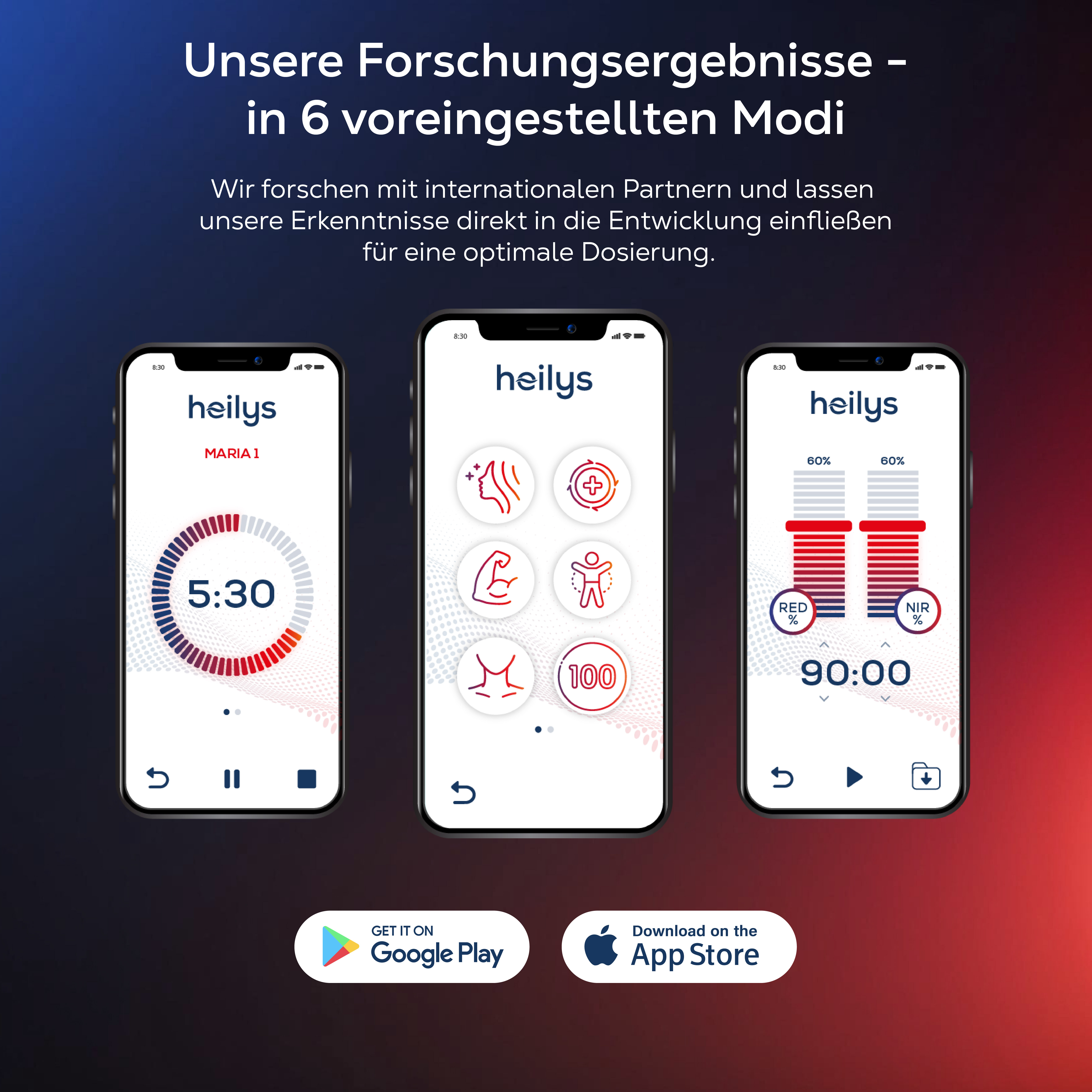 Drei Smartphones zeigen die Heilys-App mit verschiedenen Modi, darunter Timer und Icons.