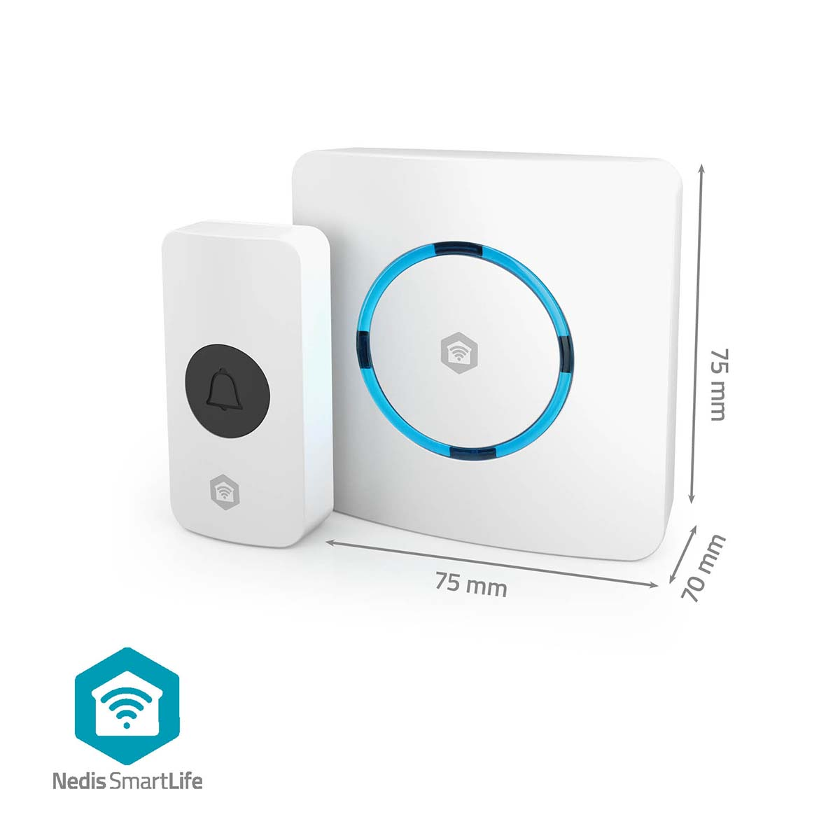 White wireless doorbell with button and receiver, dimensions 75x75x70 mm.