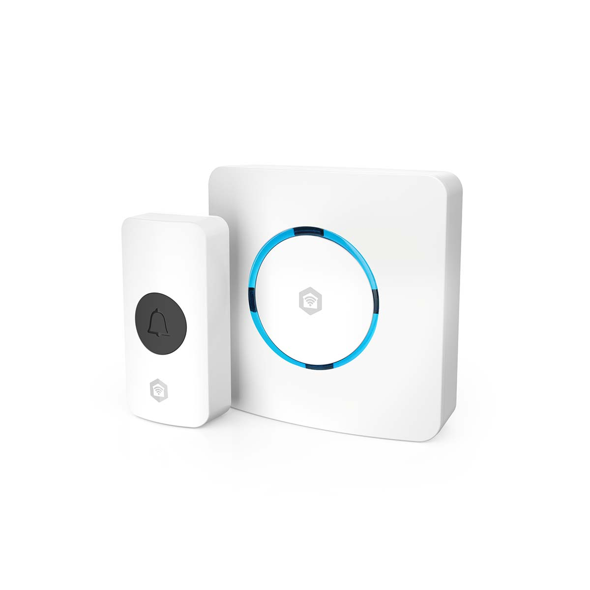 A white doorbell transmitter and receiver with a blue light ring.