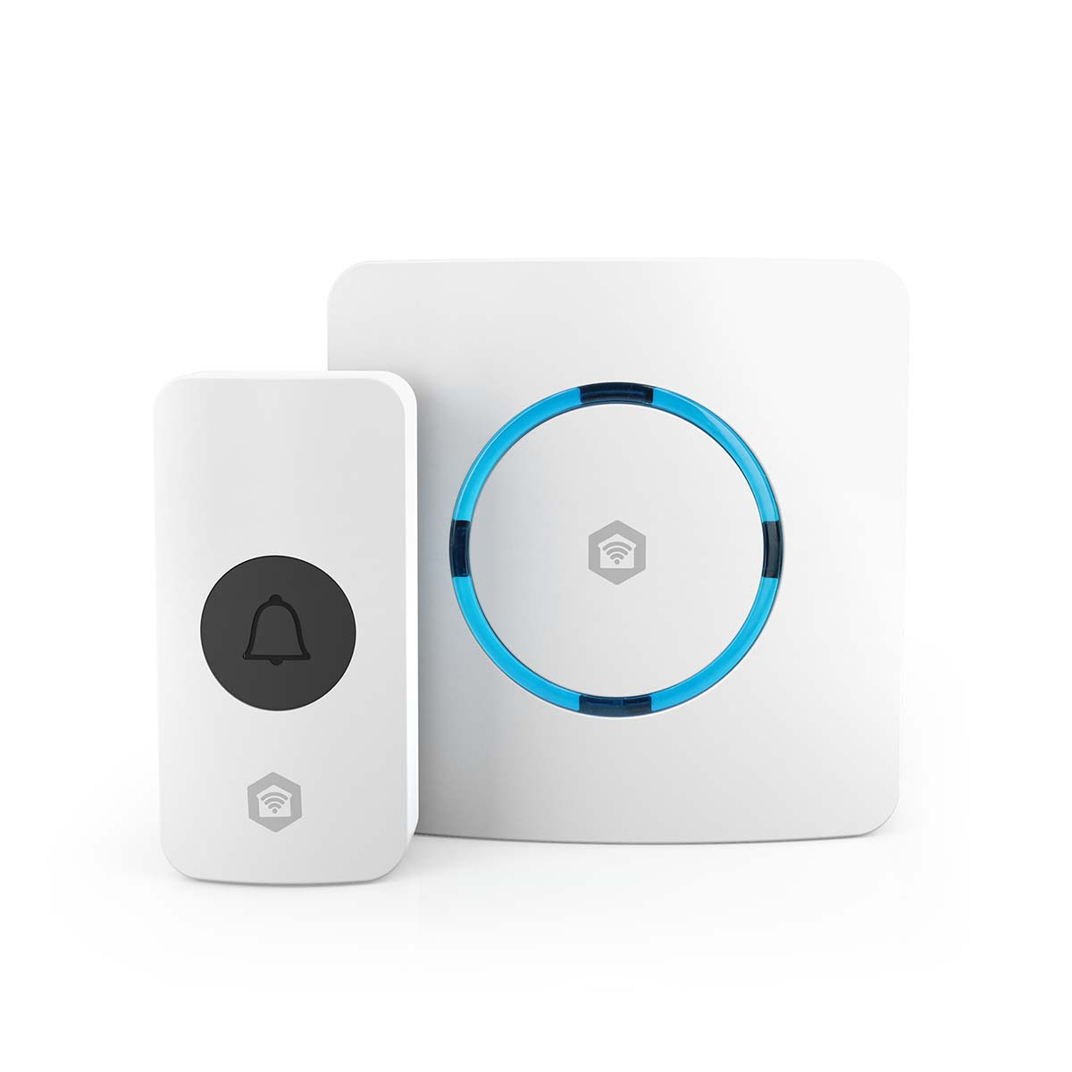 A white doorbell transmitter with a black button and a receiver with a blue light ring.