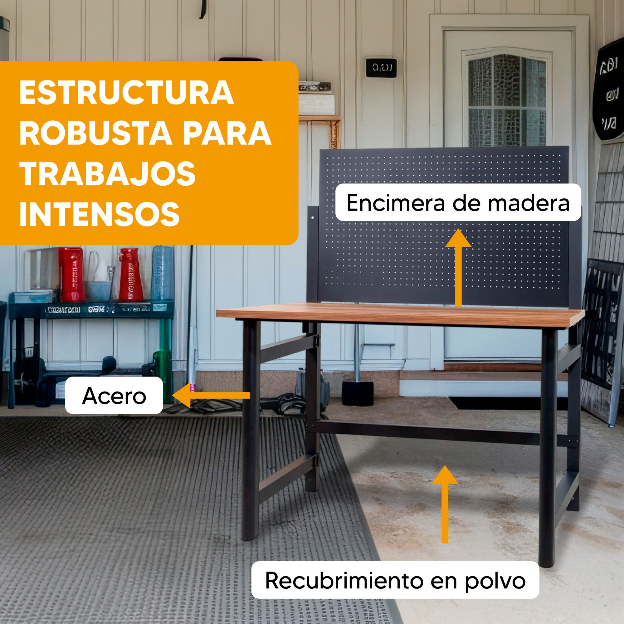 Banco de trabajo robusto con tapa de madera, estructura de acero.