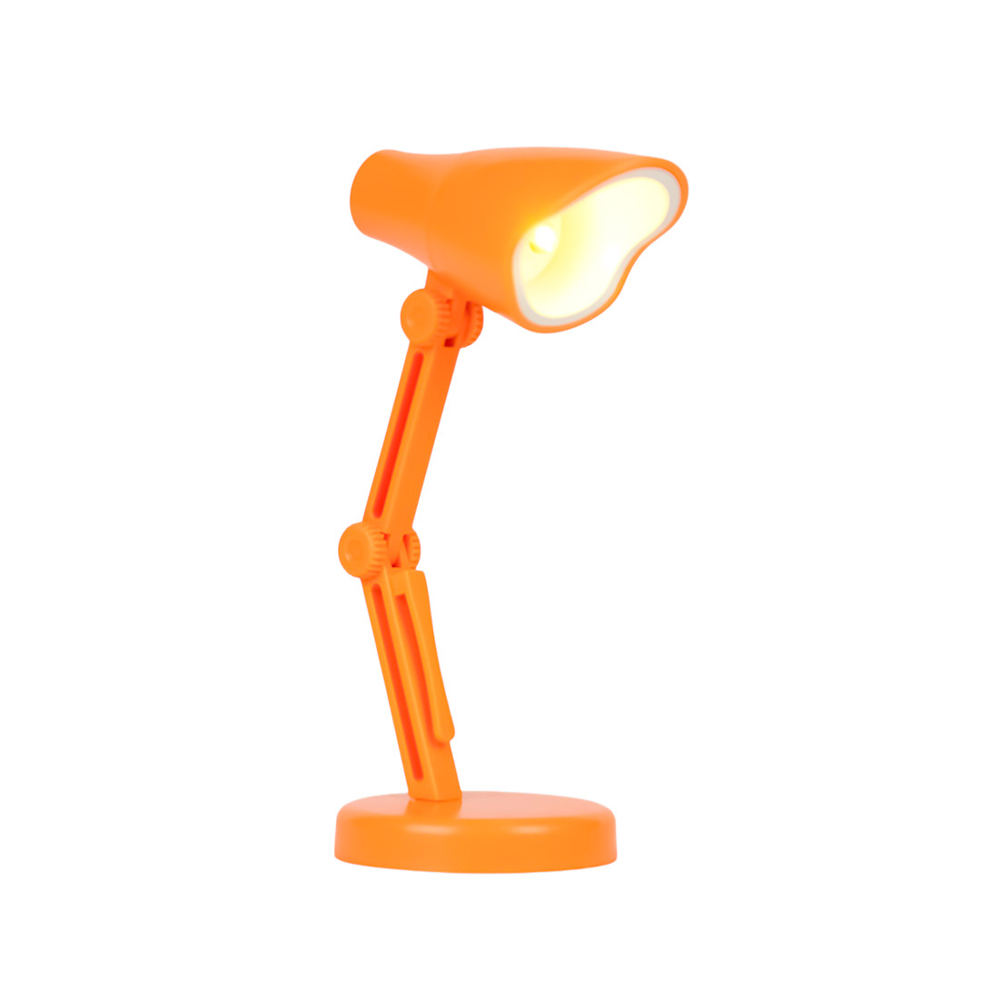 Una lampada da scrivania arancione brillante con braccio flessibile e base rotonda.