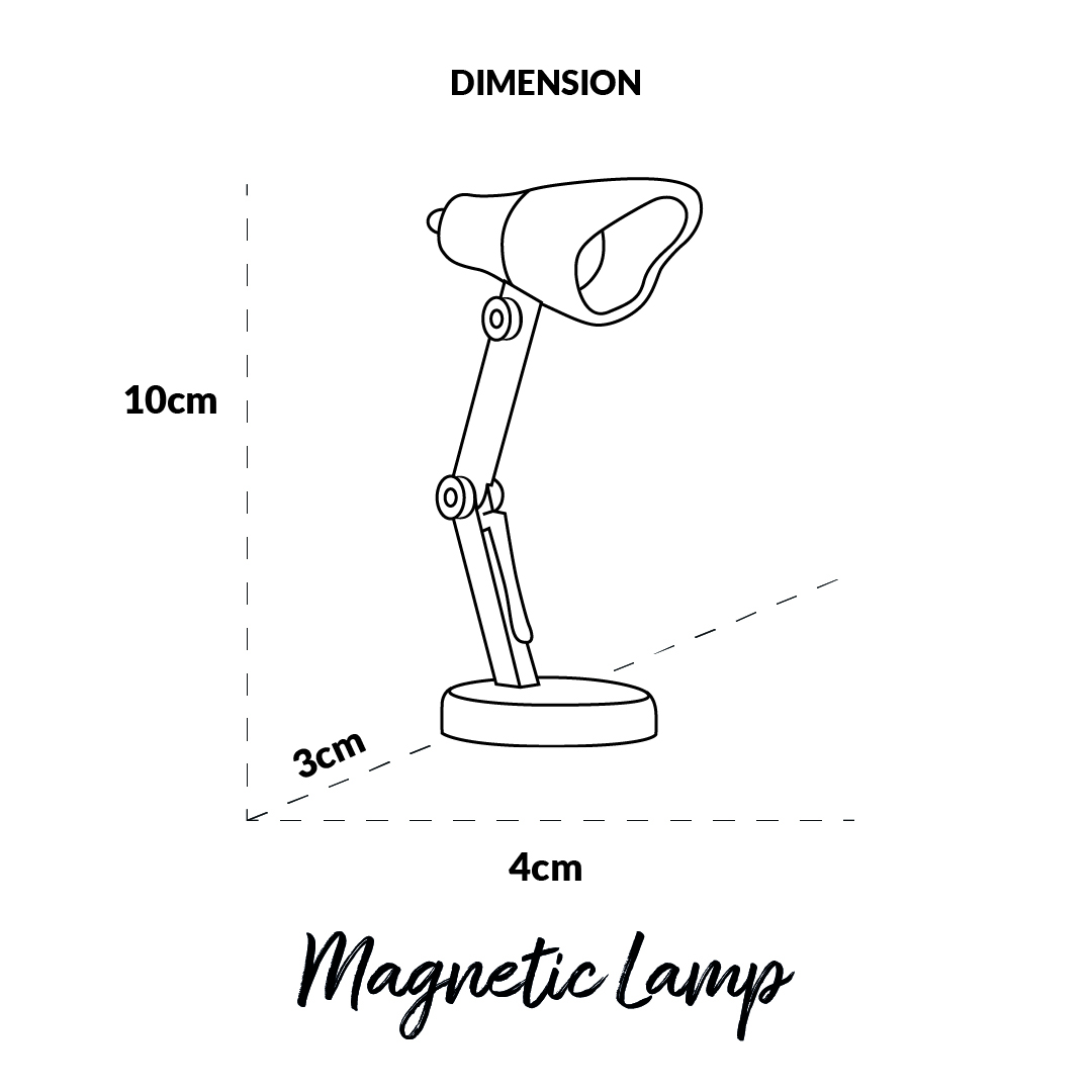 Disegno al tratto di una lampada magnetica, dimensioni 10cm altezza, 4cm larghezza, 3cm profondità.