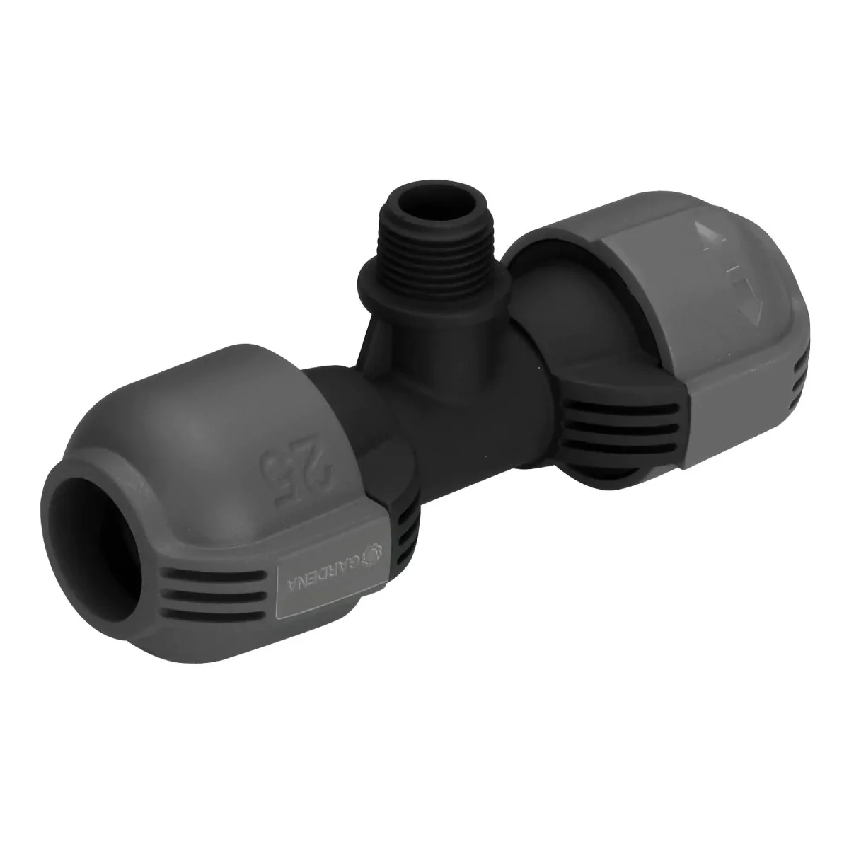 Un conector en T negro con tapas grises y conexión roscada.