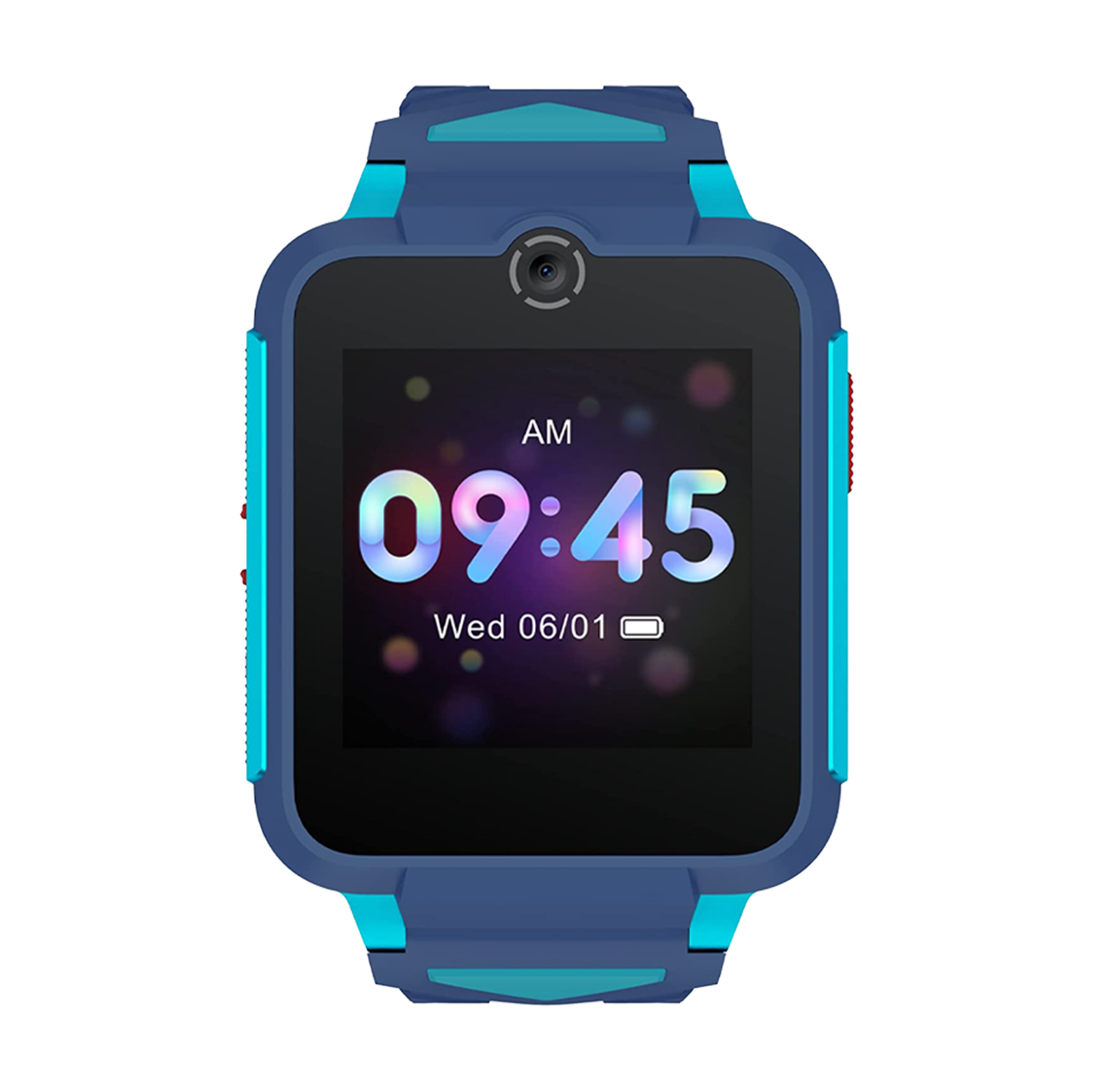 Eine blaue Smartwatch mit einem Kameramodul und einem farbigen Zifferblatt.