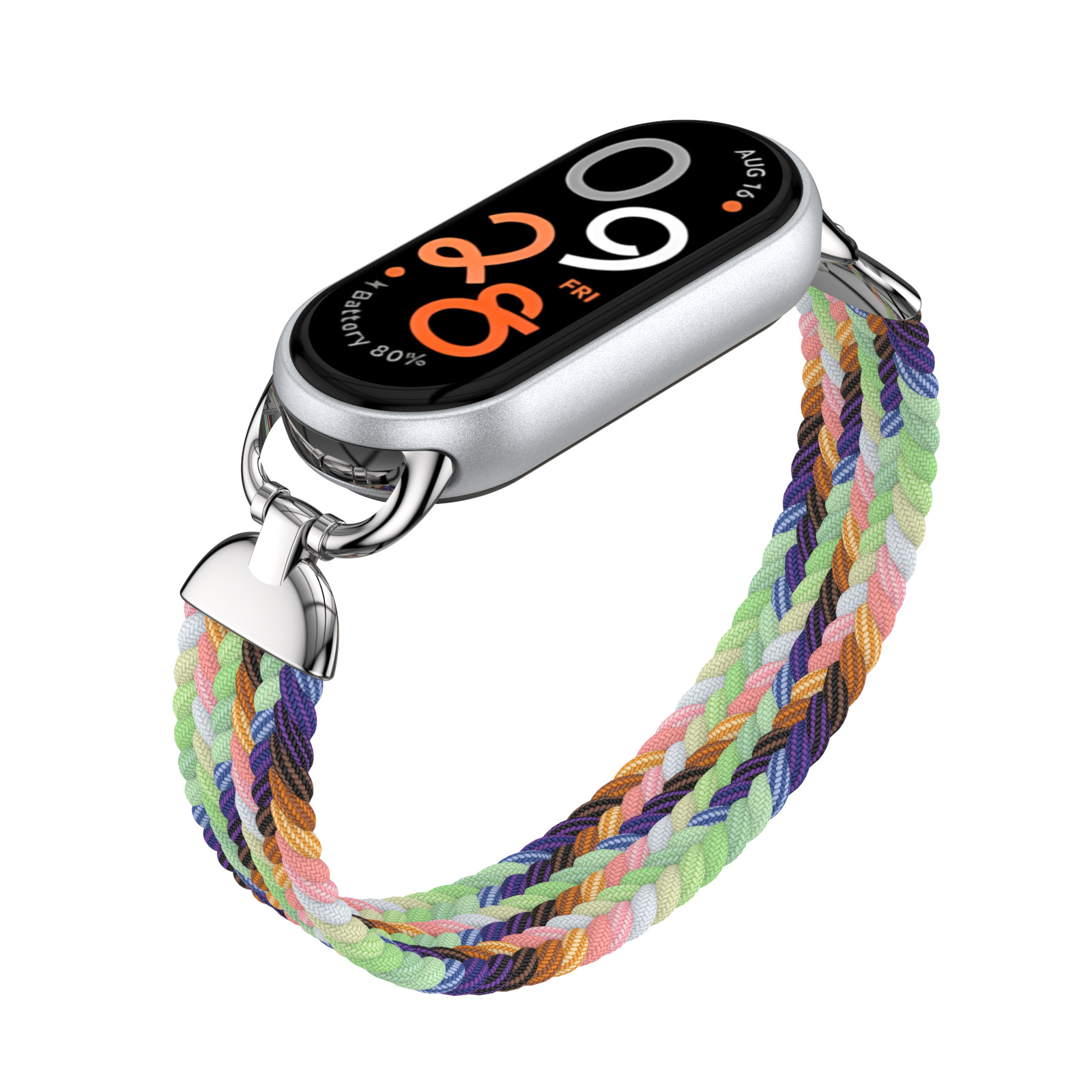 Fitness tracker con display digitale, cinturino in cordini intrecciati colorati.