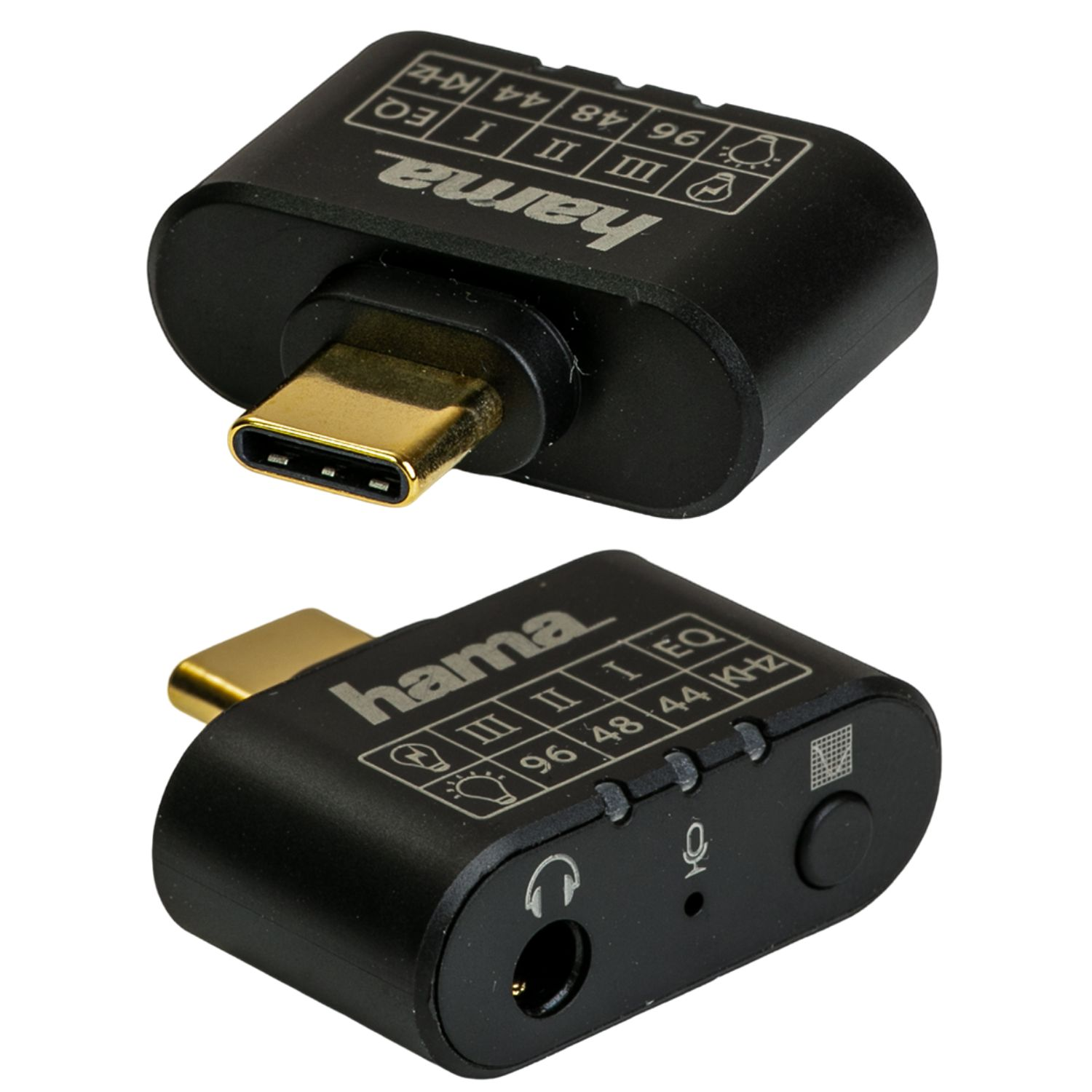 Zwei Hama USB-C-Adapter mit Kopfhöreranschluss und Mikrofonbuchse.