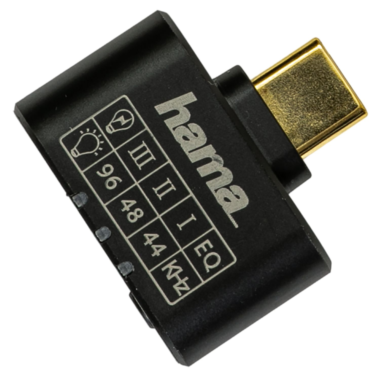 Schwarzer Hama Adapter mit goldenem HDMI-Stecker und Beschriftungen.