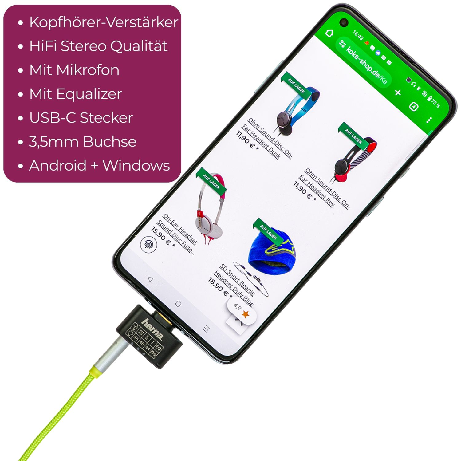 Smartphone zeigt Kopfhörer-Verstärker-Angebote. Hama-Adapter ist angeschlossen.